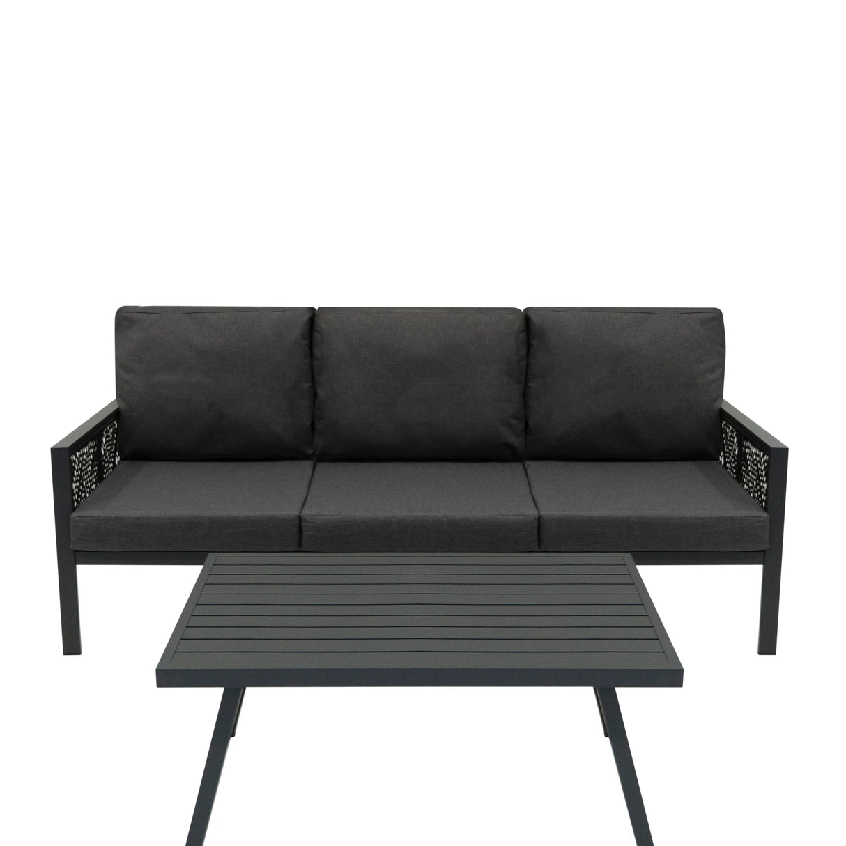 Anthracite grey aluminium 4-piece sofa set featuring a sleek design, plush cushions, and a matching slatted coffee table