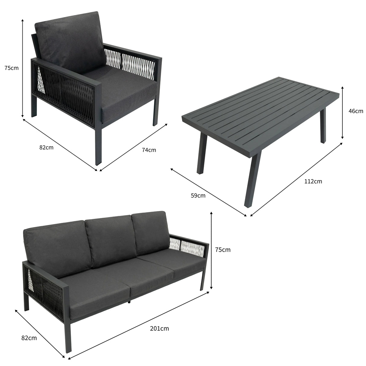 Aluminium 4 piece sofa set in anthracite grey featuring sleek lines, textured seating, and a modern design, perfect for outdoor spaces