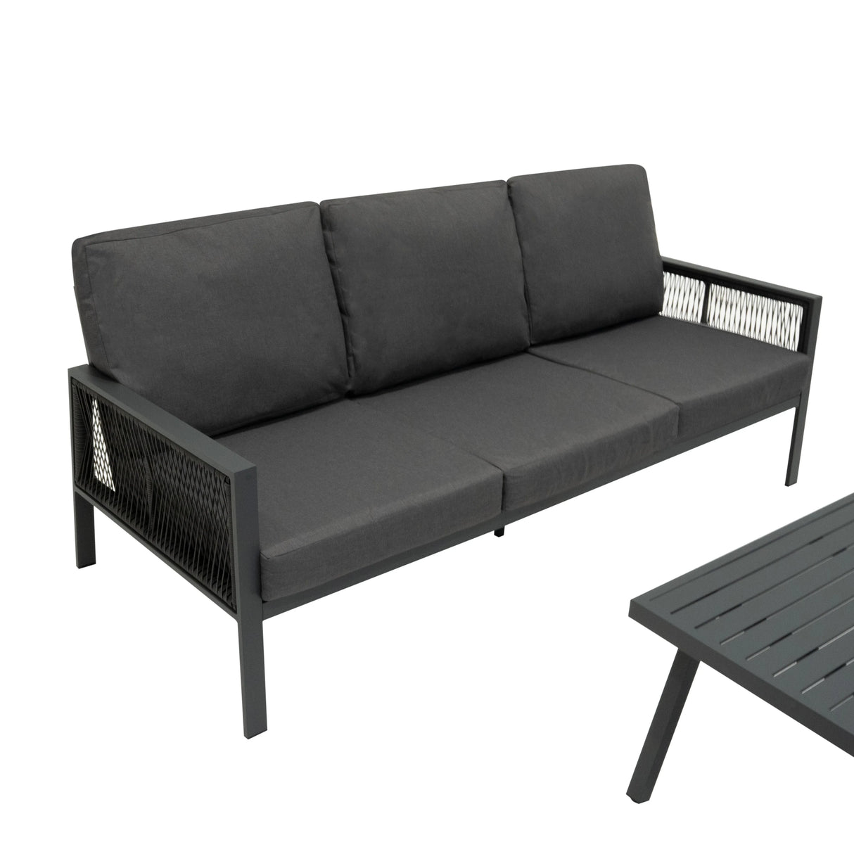 Aluminium 4 piece sofa set in anthracite grey featuring plush cushions, sleek lines, and a modern design with a textured side panel