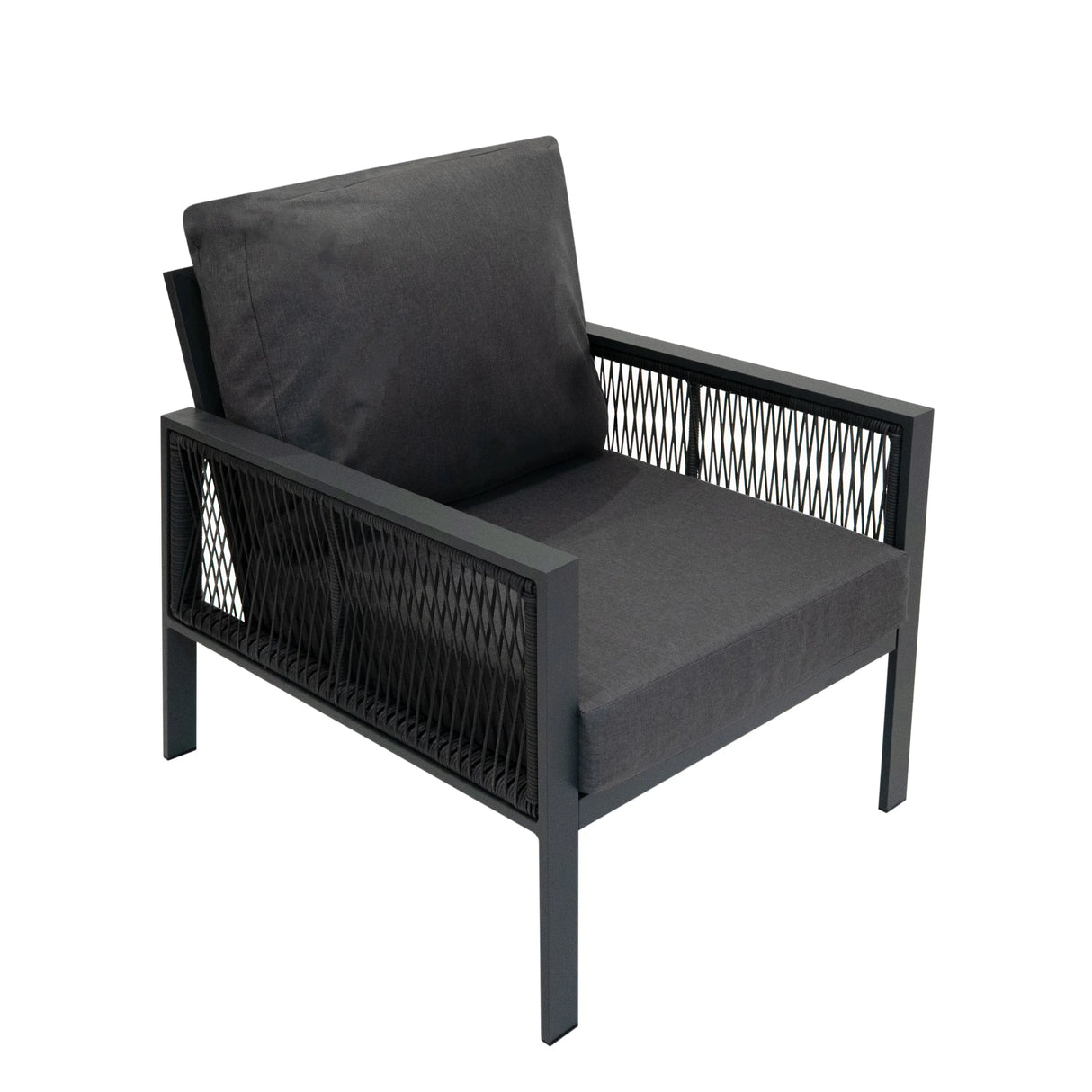 Aluminium 4 piece sofa set in anthracite grey featuring a modern design with textured mesh sides and plush cushions for comfort