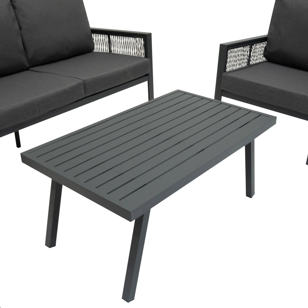 Anthracite grey aluminium 4-piece sofa set featuring sleek lines, plush cushions, and a modern slatted coffee table design