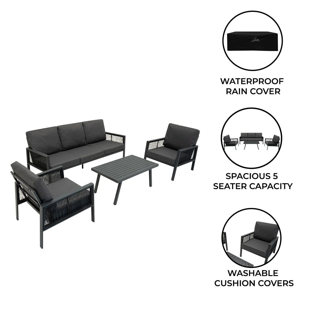 Aluminium 4 piece sofa set in anthracite grey, featuring plush cushions, a sleek table, and a waterproof cover for outdoor use
