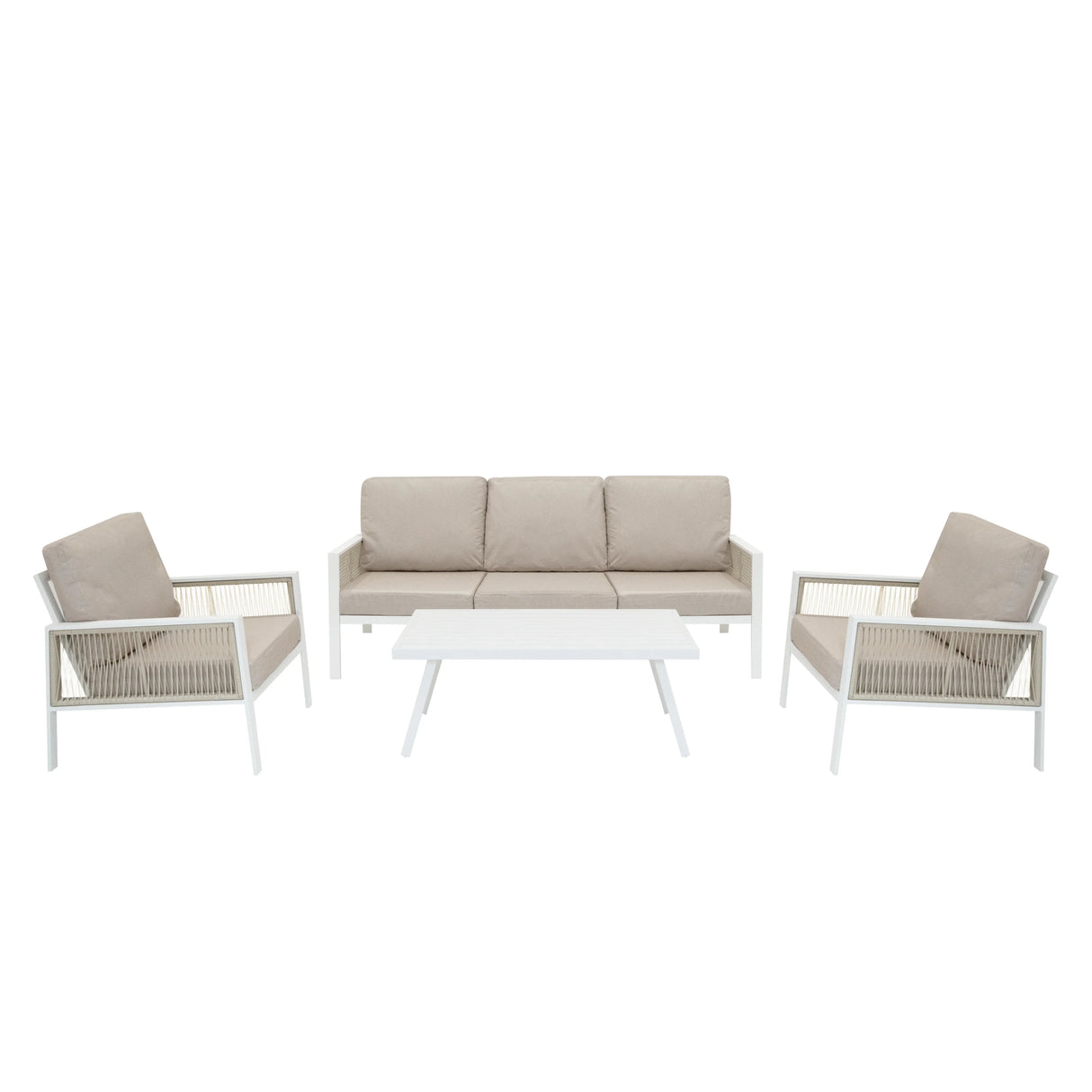 Aluminium 4 piece sofa set in white with beige cushions, featuring a modern design, sleek lines, and a stylish coffee table