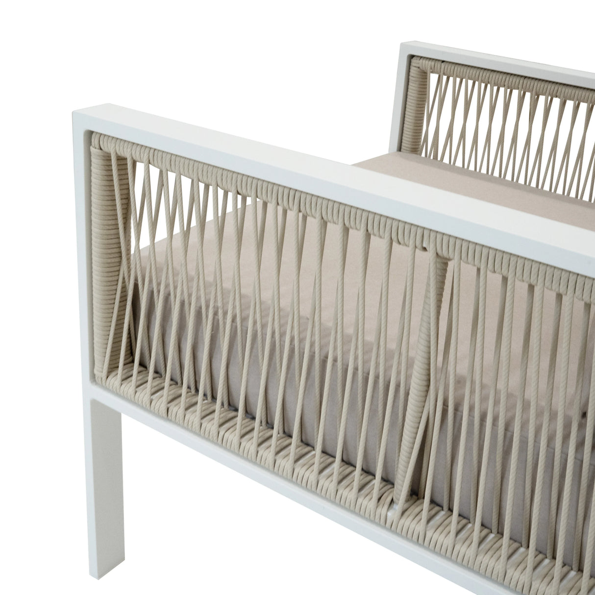 Aluminium 4 piece sofa set in white featuring a modern design, soft beige cushions, and intricate rope detailing for added texture