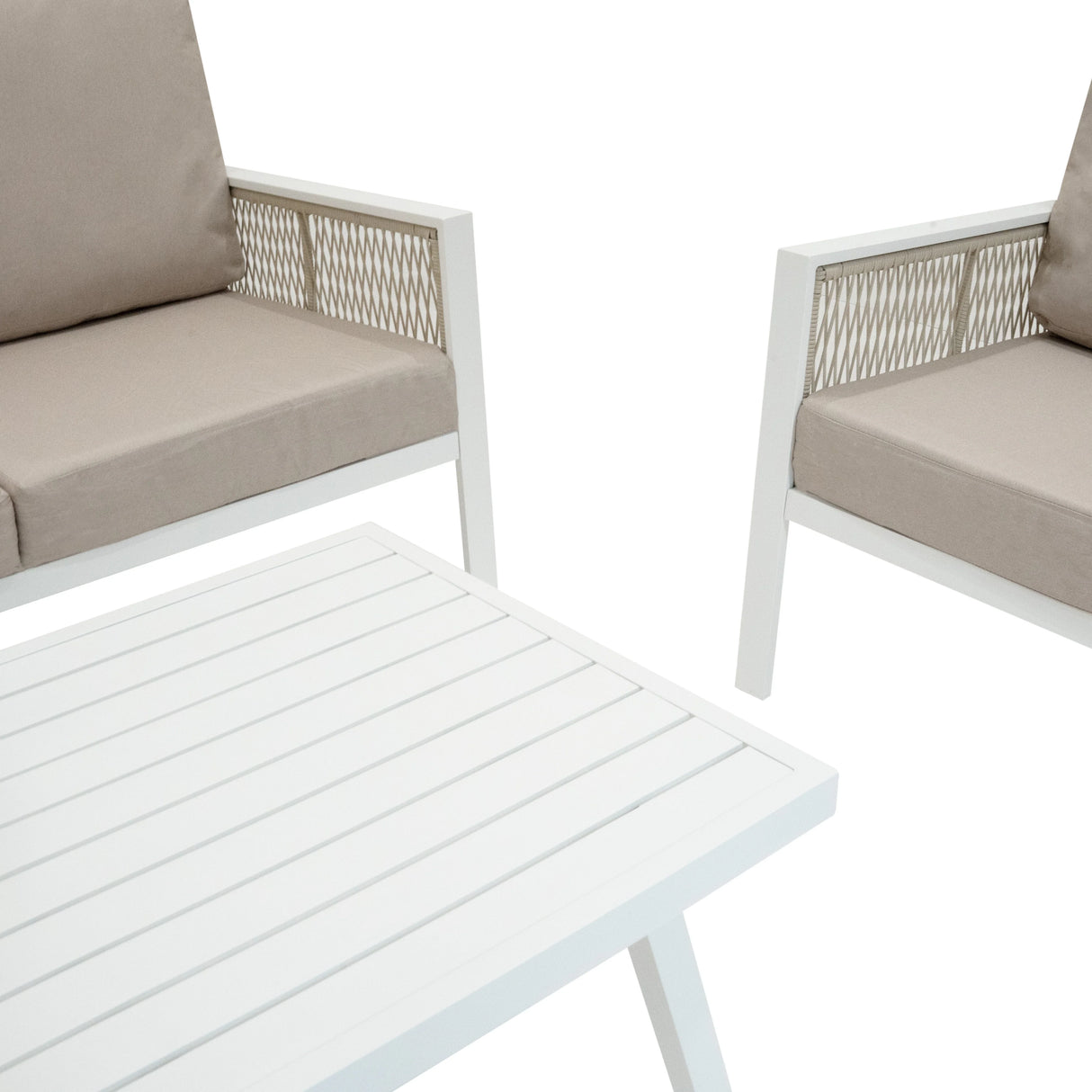 Aluminium 4 piece sofa set in white with beige cushions, featuring a modern design and woven mesh sides for added texture