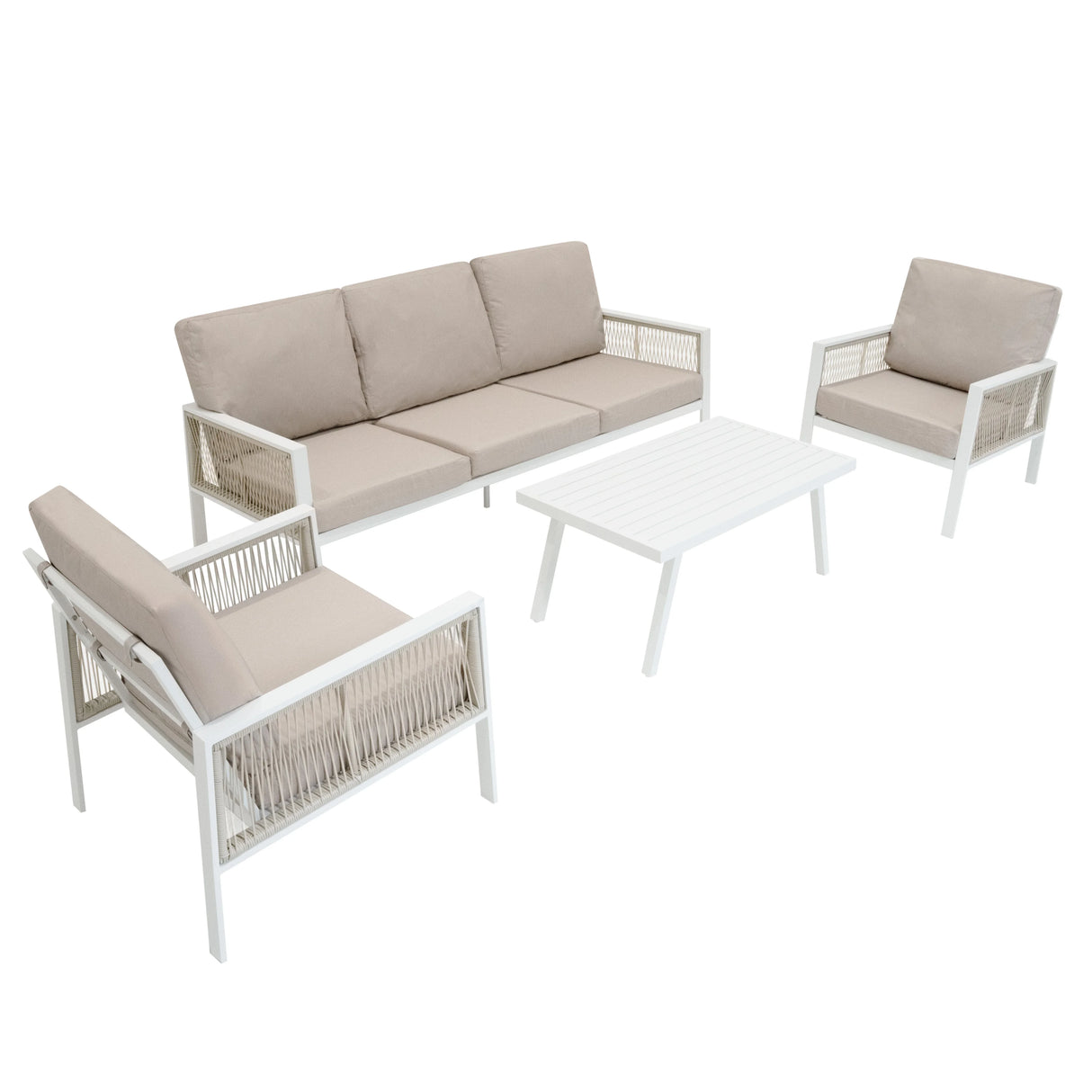 Aluminium 4 piece sofa set in white with beige cushions, featuring a modern design and textured armrests, ideal for outdoor spaces