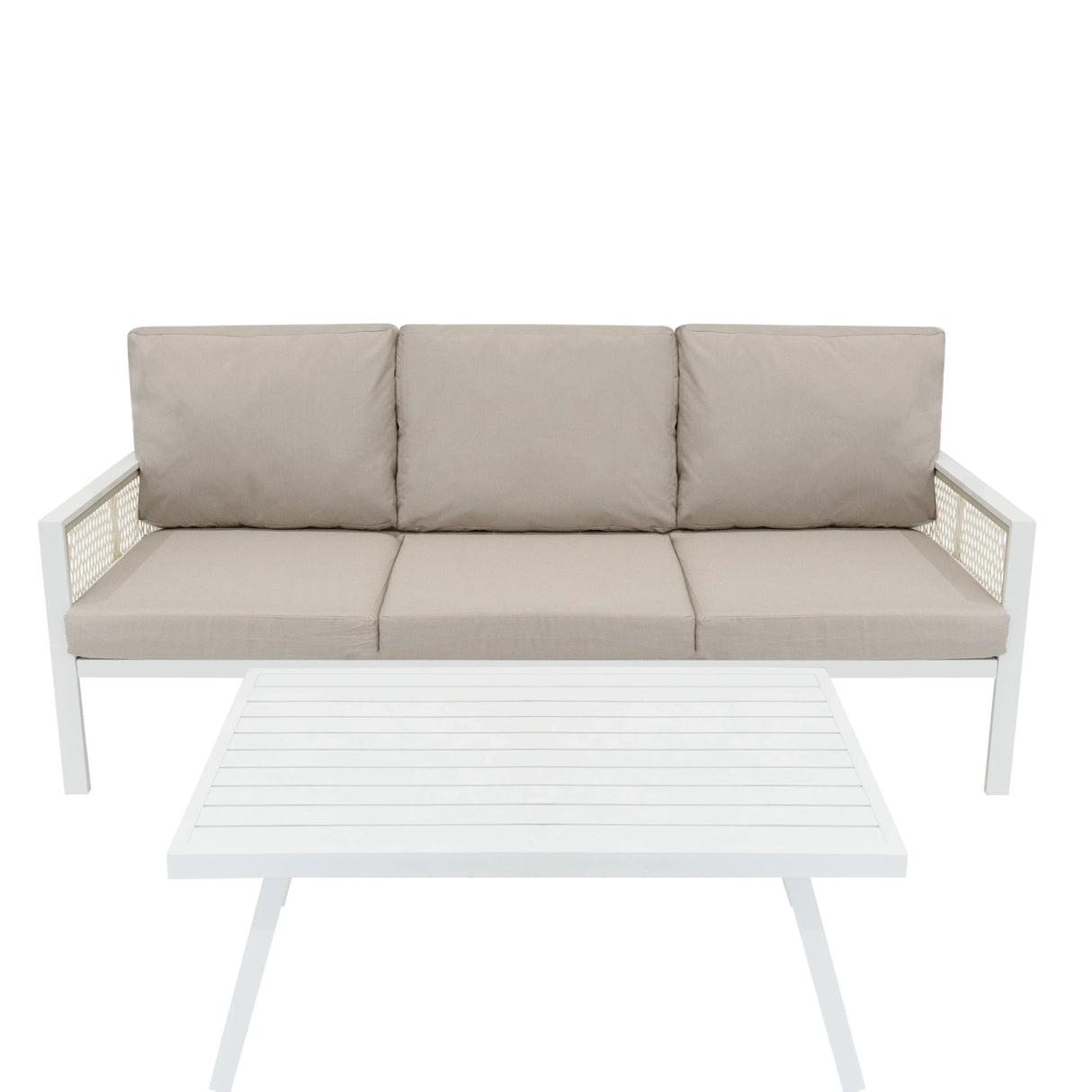 Aluminium 4 piece sofa set in white with beige cushions, featuring a sleek design and a modern coffee table with slatted top