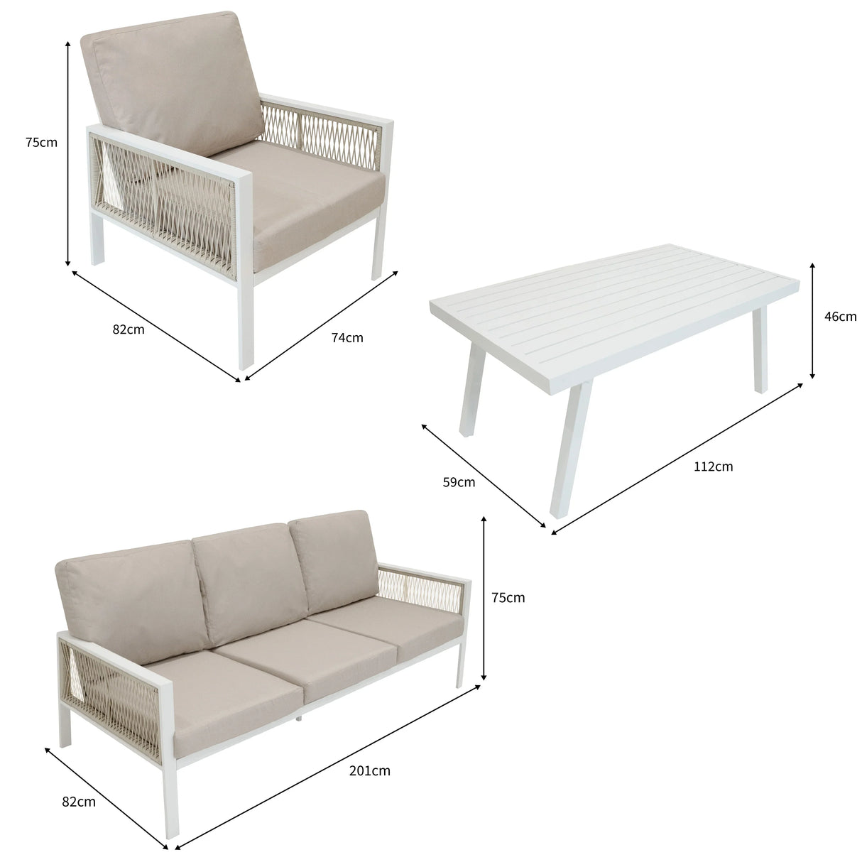 Aluminium 4 piece sofa set in white featuring a sleek design, soft beige cushions, and a modern rectangular coffee table