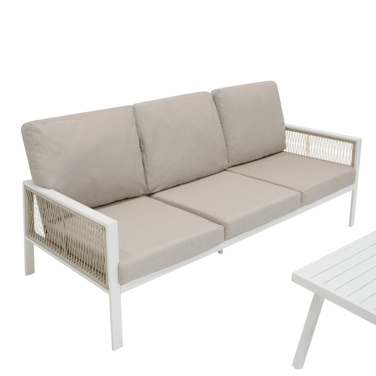 Aluminium 4 piece sofa set in white with soft beige cushions, featuring a sleek design and woven side detailing for outdoor elegance