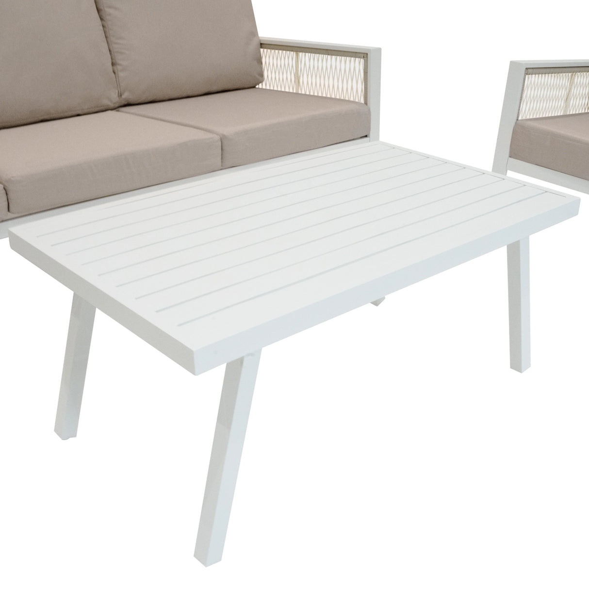 Aluminium 4 piece sofa set in white with beige cushions, featuring a slatted white coffee table and modern, sleek design