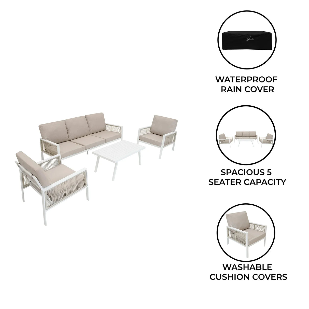 Aluminium 4 piece sofa set in white with beige cushions, includes a spacious 5-seater sofa, two armchairs, and a coffee table
