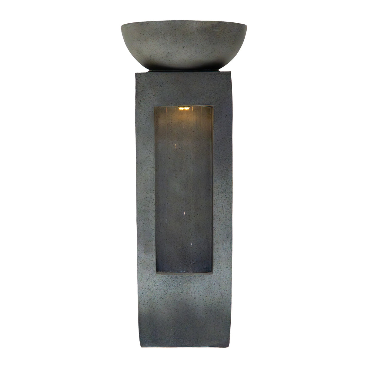 Serenity Falls electric water feature with a sleek gray concrete design, featuring a bowl top and illuminated water flow panel