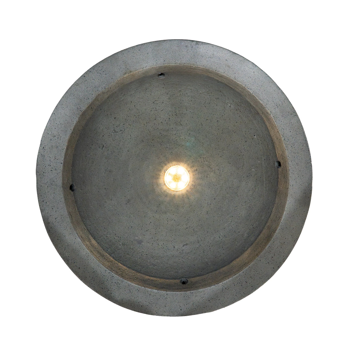 Round concrete electric water feature with a central light, showcasing a smooth, textured surface and modern design elements