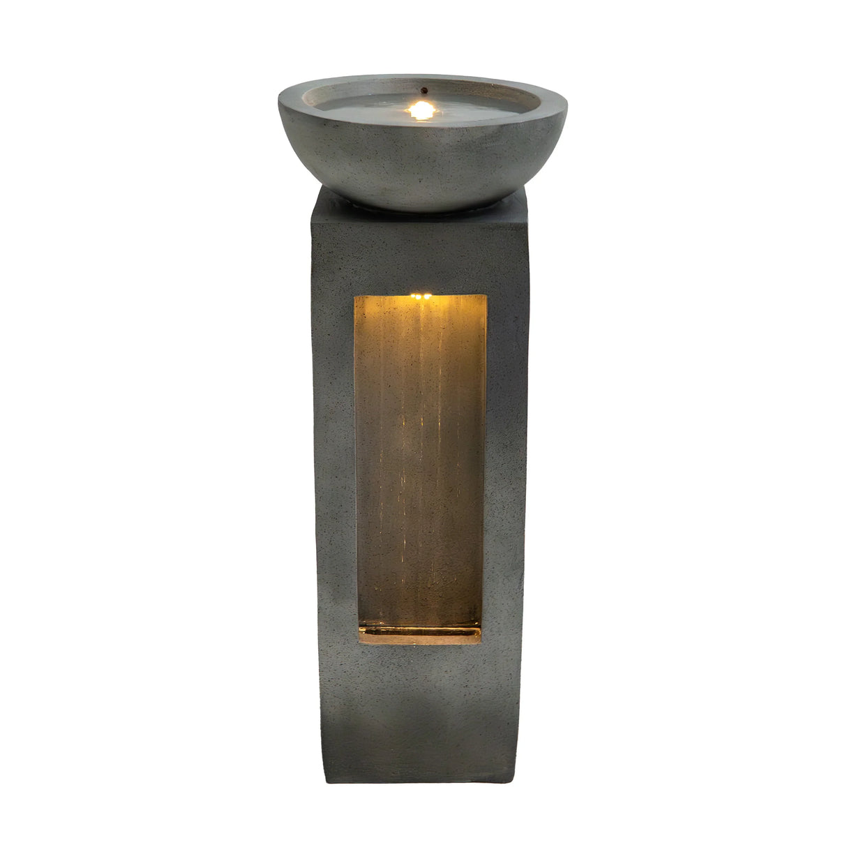 Serenity Falls electric water feature with a sleek gray concrete design, illuminated water flow, and a calming bowl top for relaxation