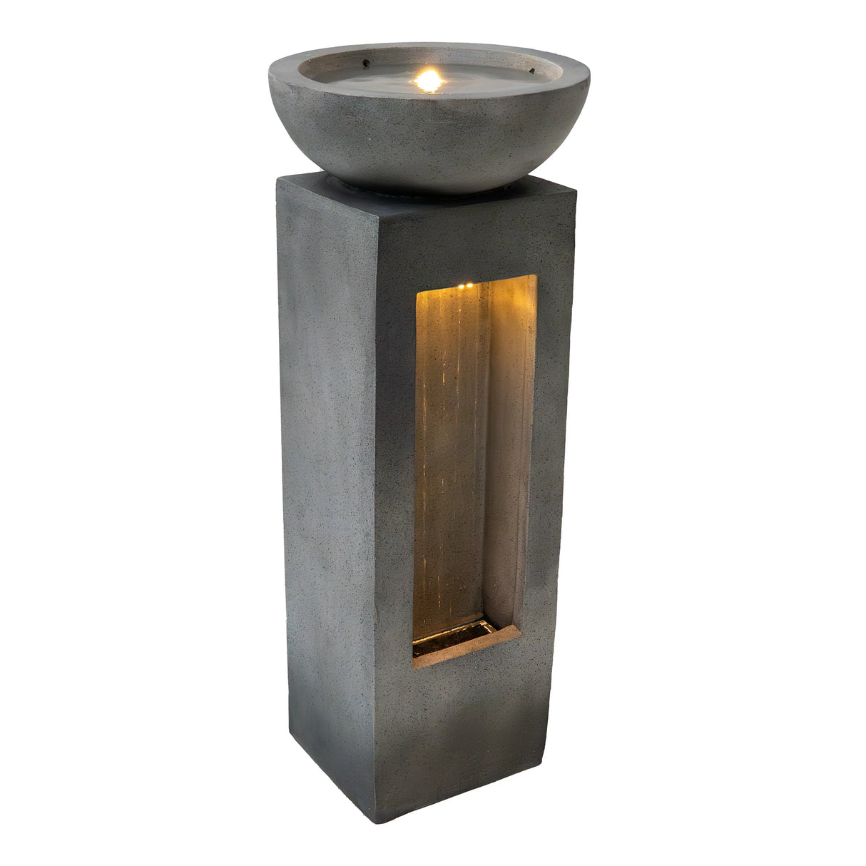 Serenity Falls electric water feature in sleek gray concrete, featuring a bowl on top and illuminated water cascading down a textured column