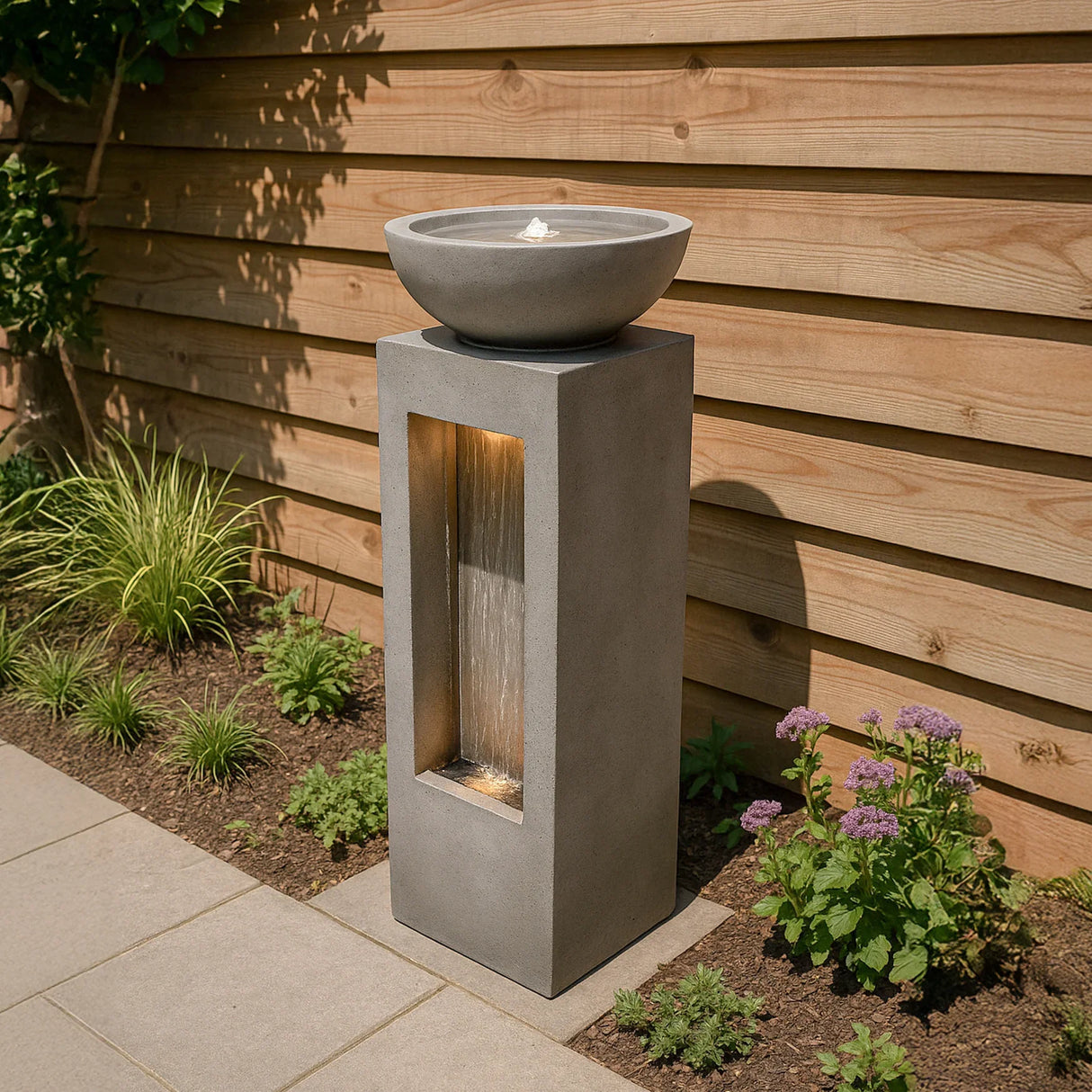 Serenity Falls electric water feature with a sleek gray concrete design, illuminated water flow, and a bowl-shaped top, enhancing outdoor spaces