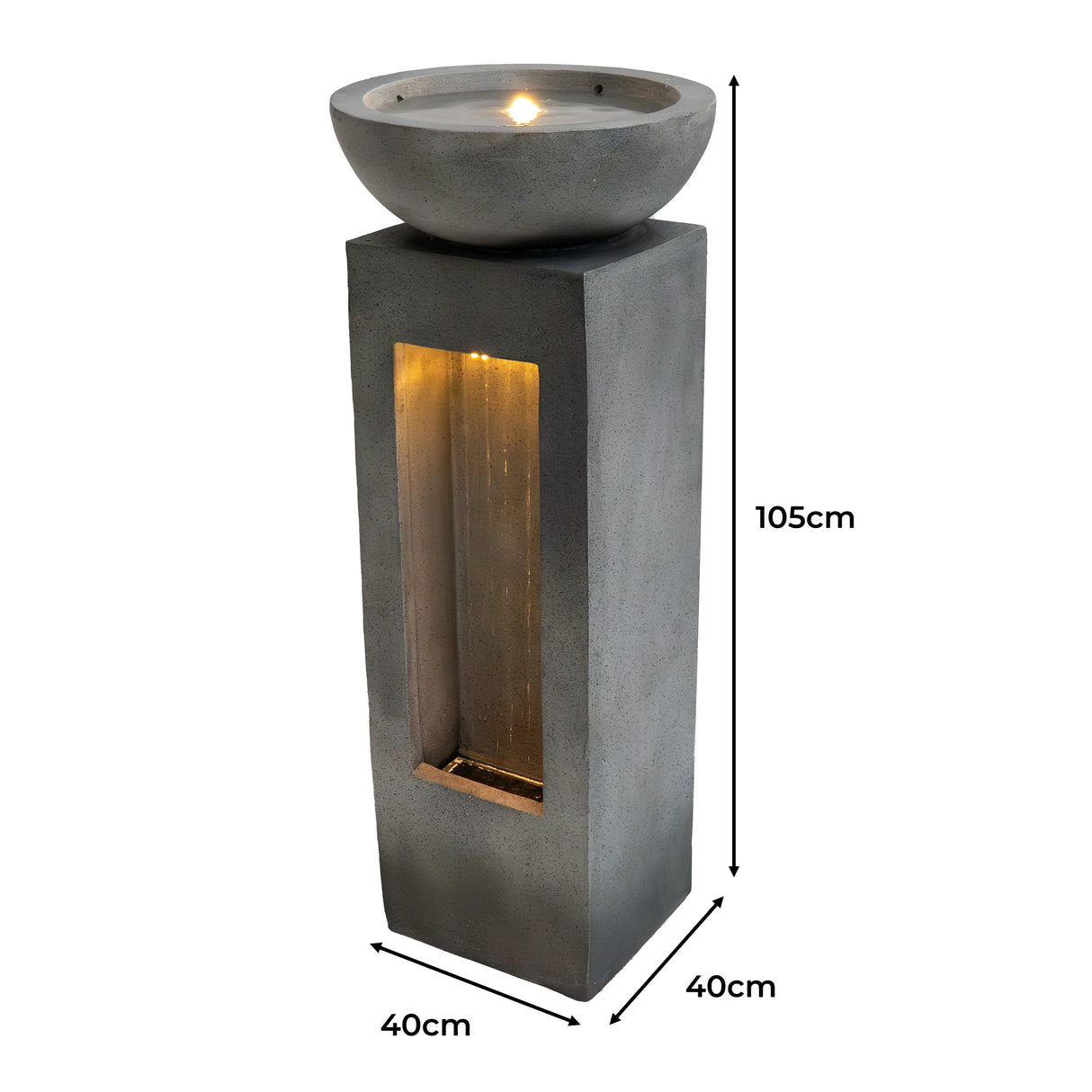 Serenity Falls electric water feature with a sleek gray concrete design, illuminated basin, and cascading water effect, 105cm tall