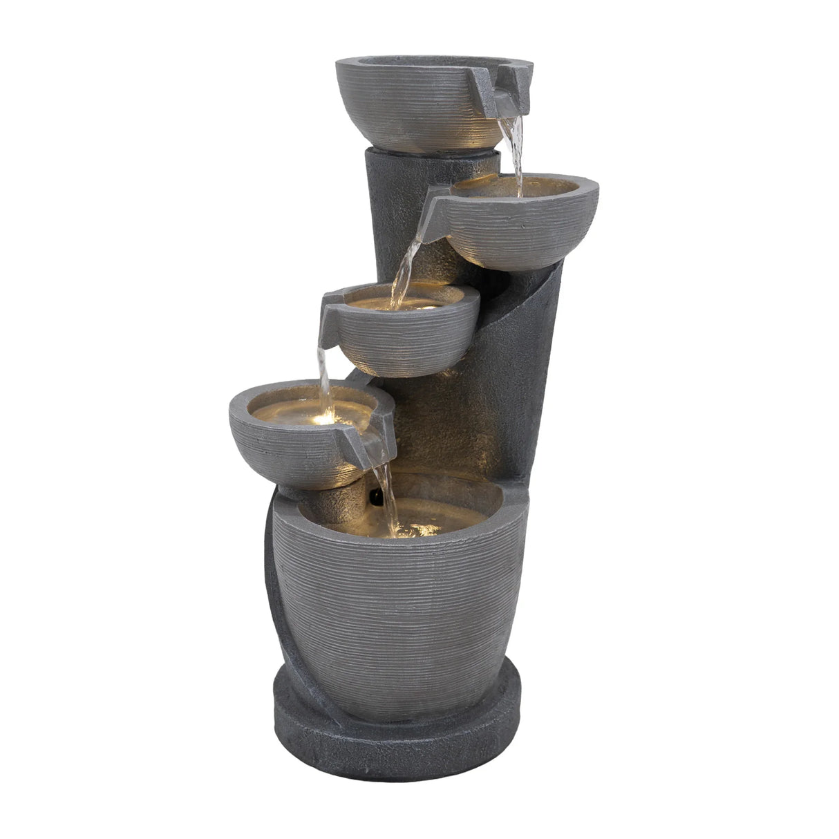 Electric Water Feature - Illusion Lagoon with cascading bowls, textured gray finish, and illuminated water flow creating a serene ambiance
