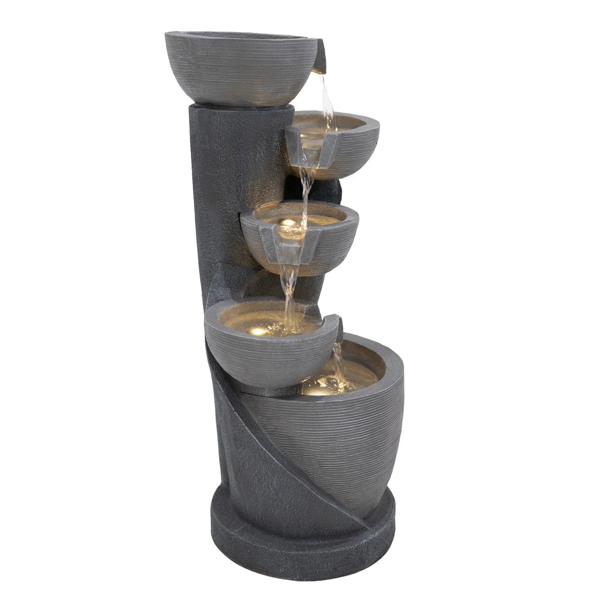 Electric Water Feature - Illusion Lagoon with four cascading bowls, textured gray finish, and illuminated water for a serene ambiance