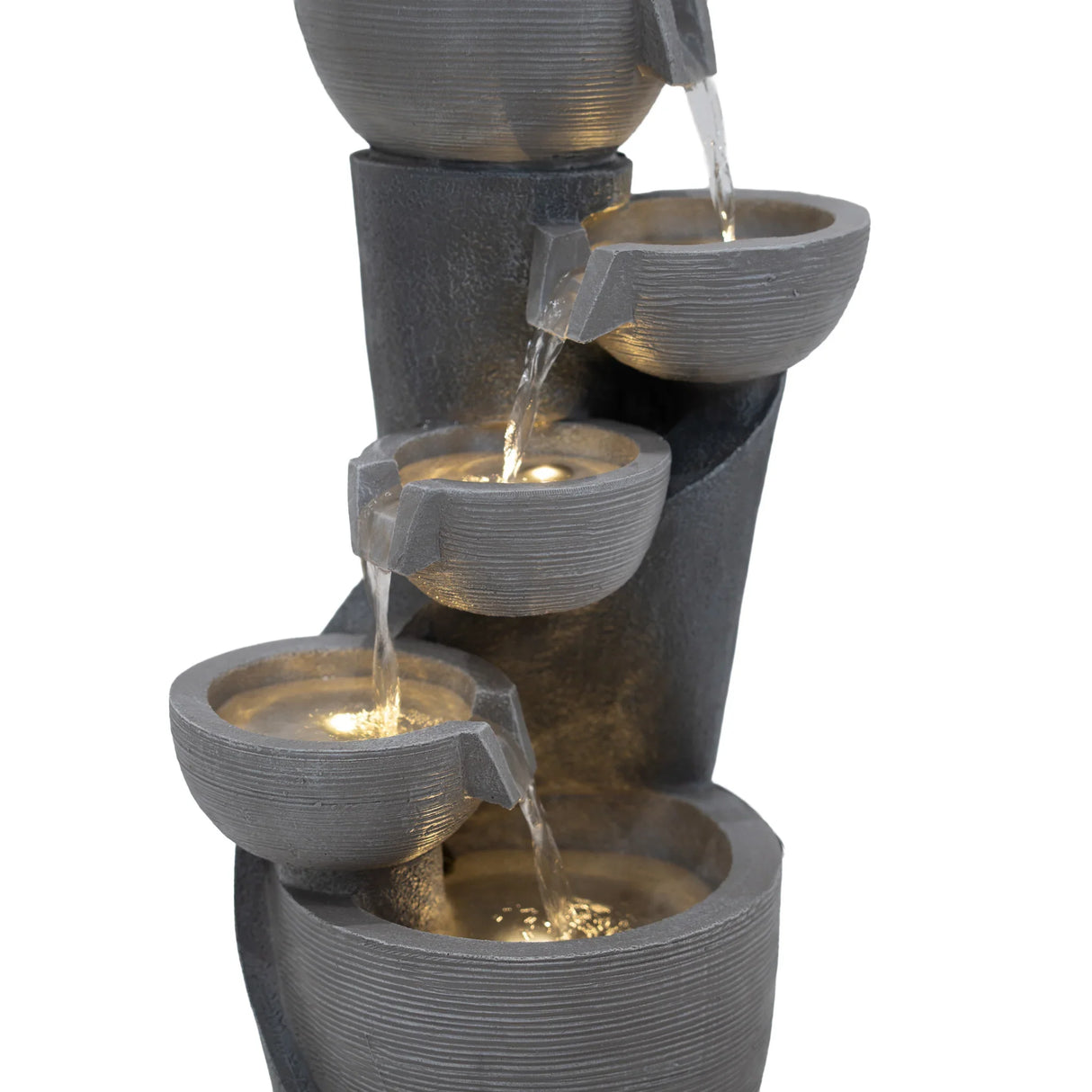Electric water feature with five cascading bowls, textured dark gray finish, and illuminated water flow creating a serene ambiance