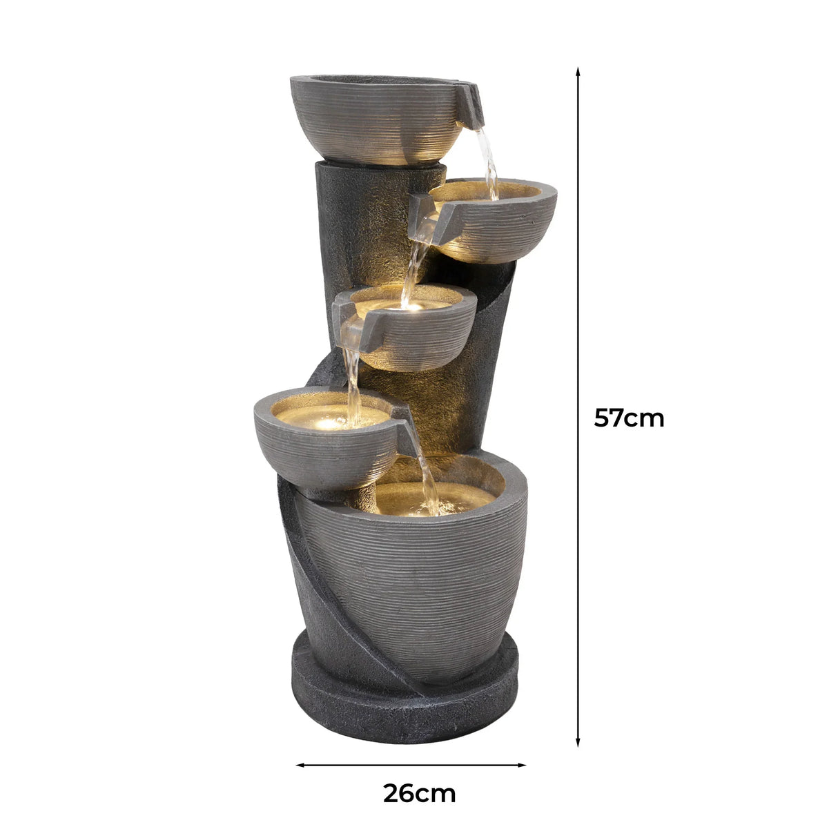 Electric water feature Illusion Lagoon with four cascading bowls, textured dark gray finish, and warm LED lighting, 57cm tall