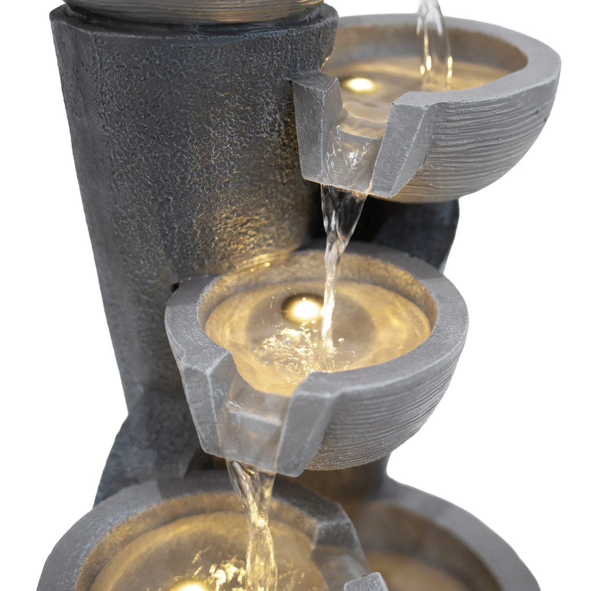 Three-tiered electric water feature in gray stone finish, with cascading water and illuminated bowls creating a tranquil ambiance