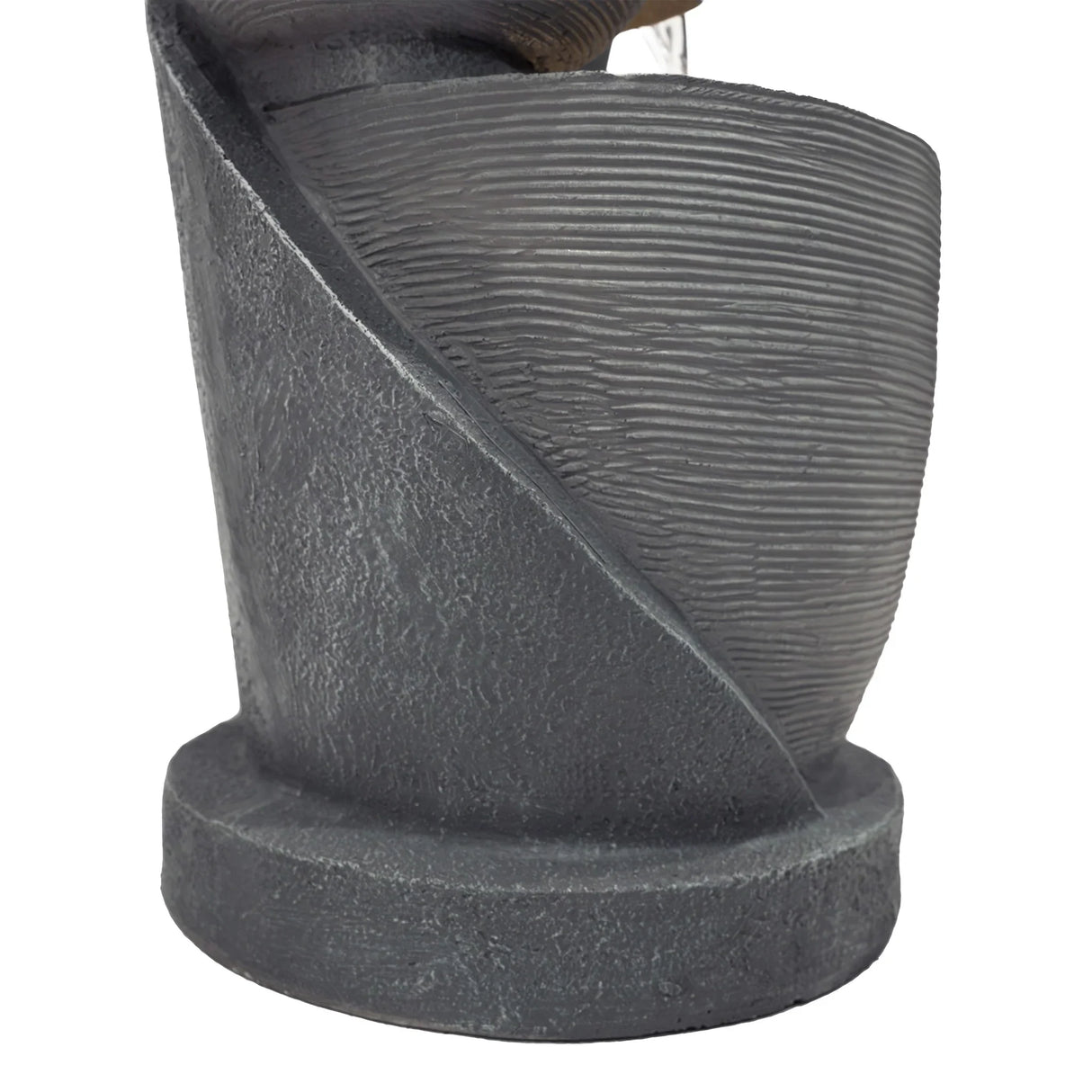 Textured dark gray electric water feature with a modern curved design, showcasing flowing water for a calming ambiance
