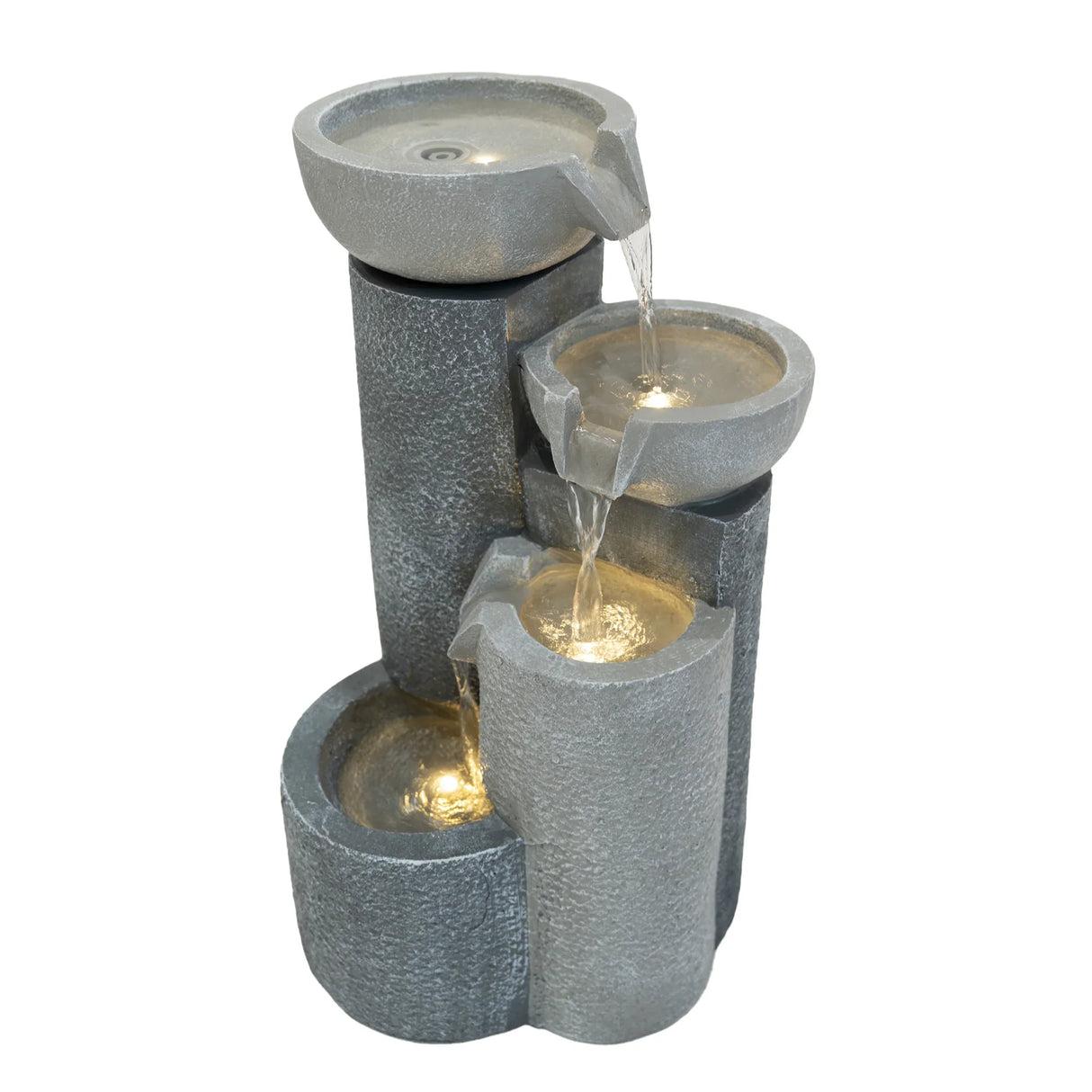 Electric water feature with three tiered bowls, textured gray stone finish, gently flowing water, and built-in LED lights for ambiance