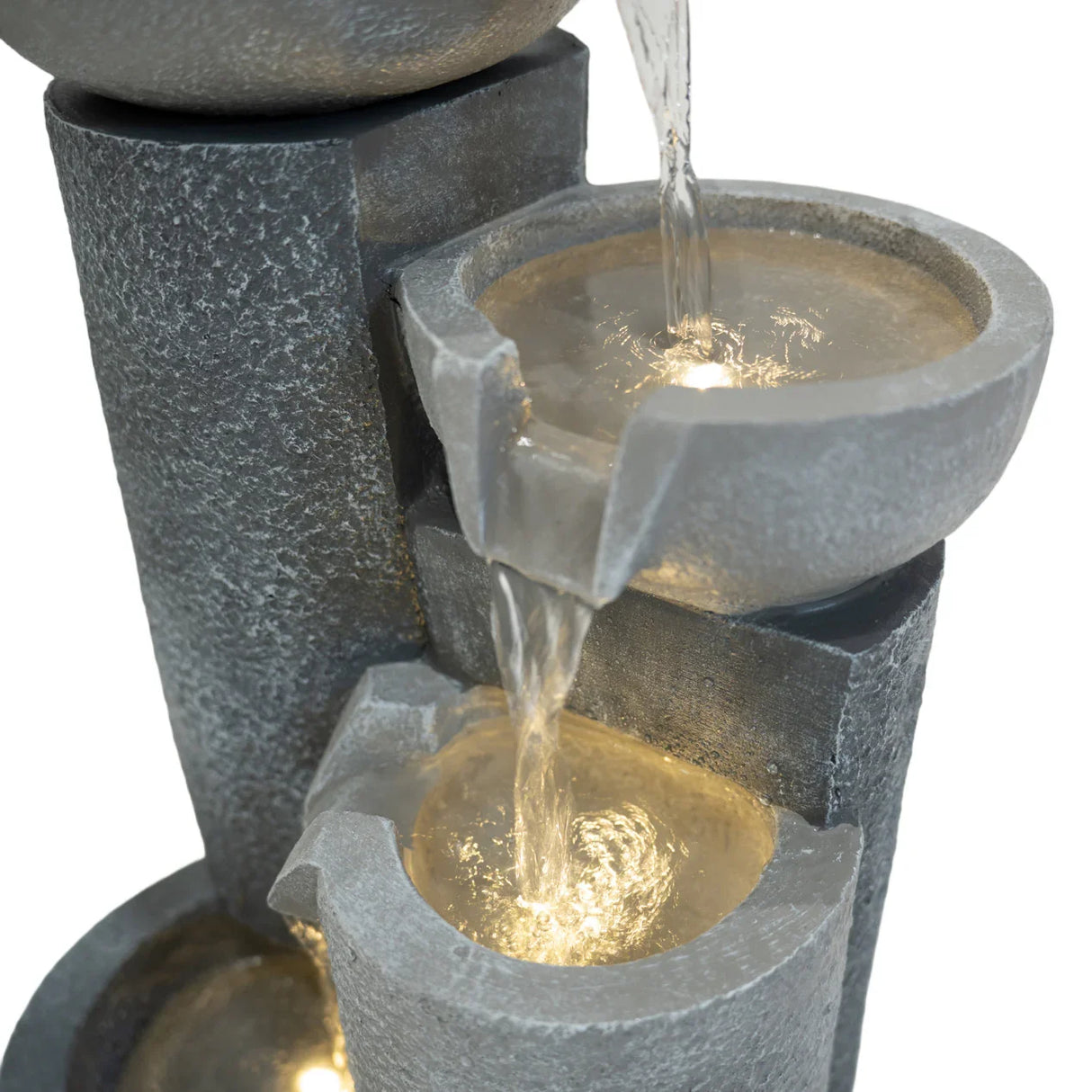 Tranquil Tiers electric water feature with three textured gray bowls cascading water, illuminated by soft lights for a calming effect