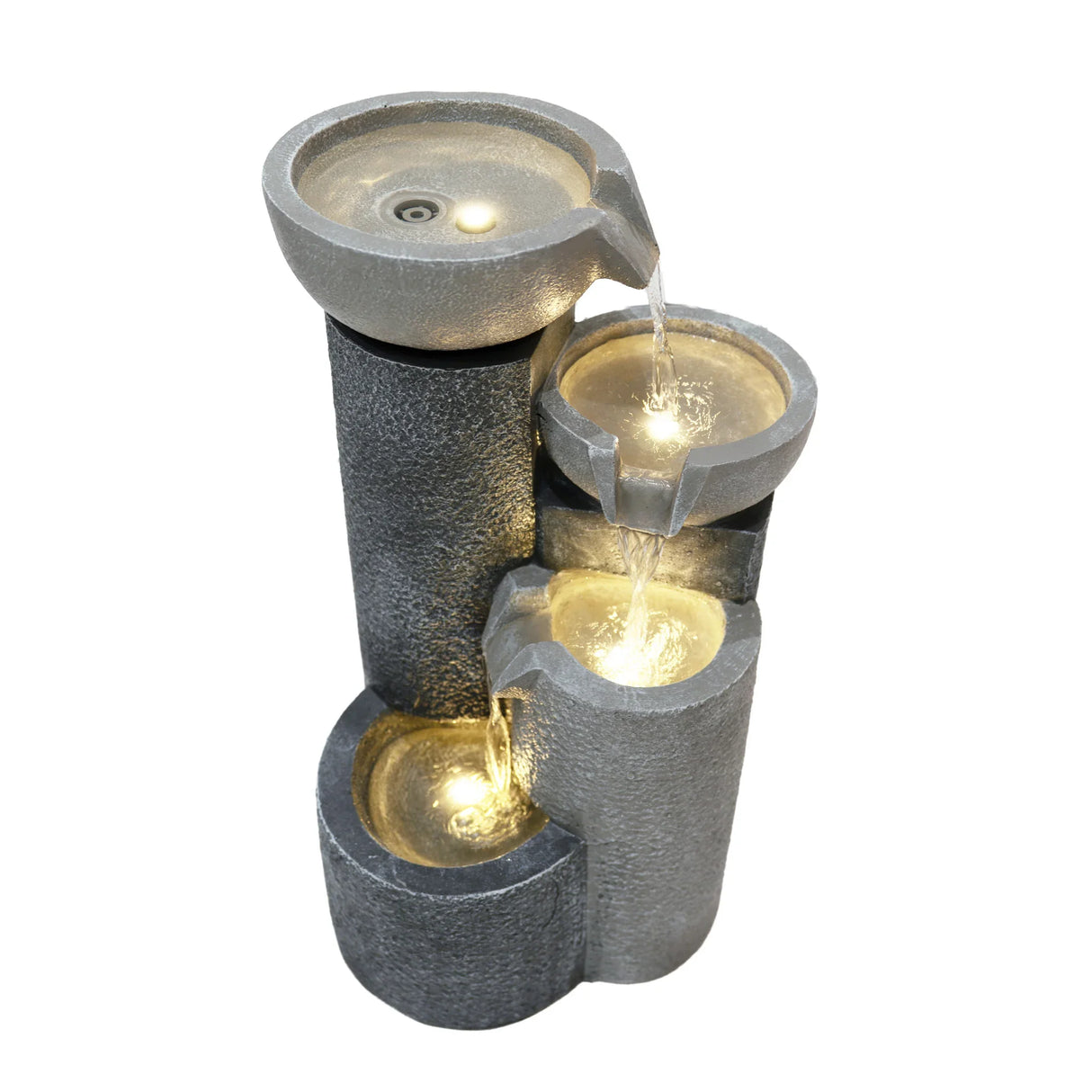 Three-tiered electric water feature in textured gray stone, with illuminated basins and gentle water flow for a calming ambiance