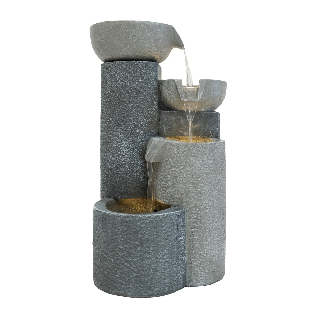 Tranquil Tiers electric water feature with three cascading tiers, textured gray stone finish, and gentle flowing water for relaxation