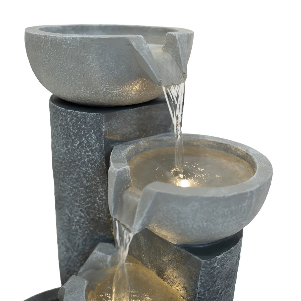 Tranquil Tiers electric water feature with three textured gray bowls, cascading water, and soft glowing light for a serene ambiance