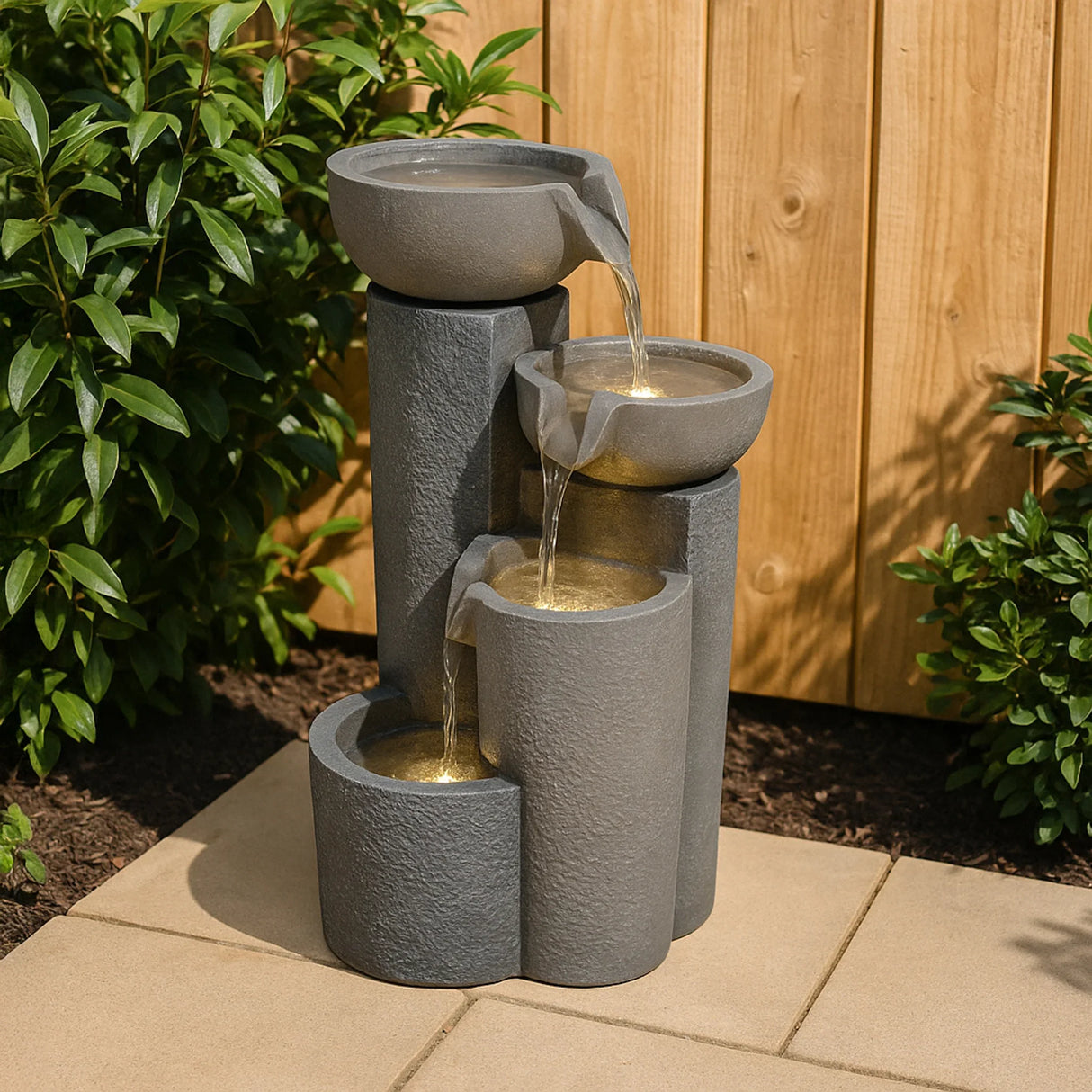 Electric water feature Tranquil Tiers with three cascading bowls, textured gray finish, and gold accents, enhancing outdoor serenity