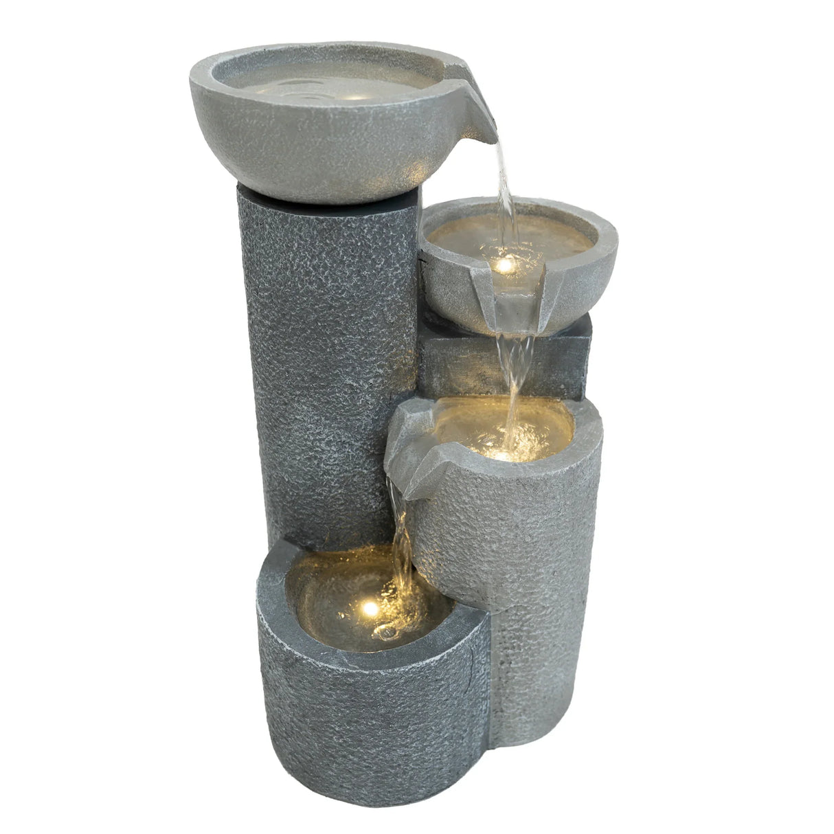 Tranquil Tiers electric water feature with three cascading bowls, textured gray stone finish, and soft glowing lights for ambiance