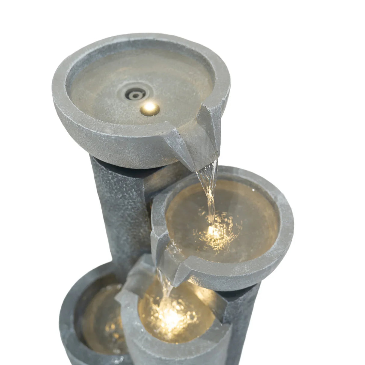 Tranquil Tiers electric water feature with three textured gray stone bowls, gently cascading water and warm LED lights