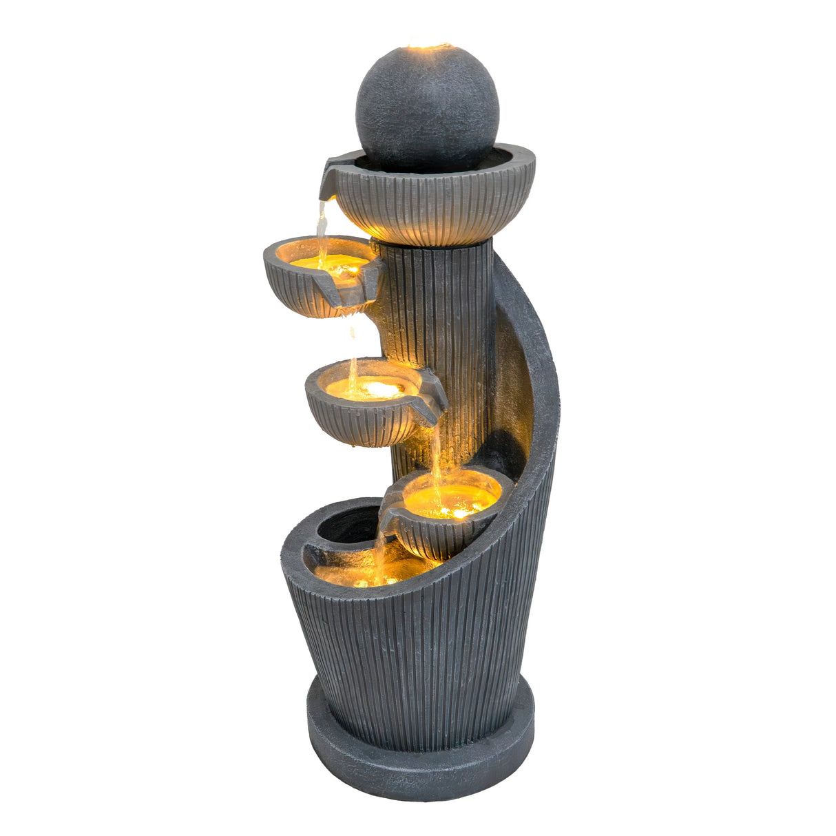 Elegant electric water feature in a spiral design, featuring textured dark gray stone, cascading water, and illuminated bowls