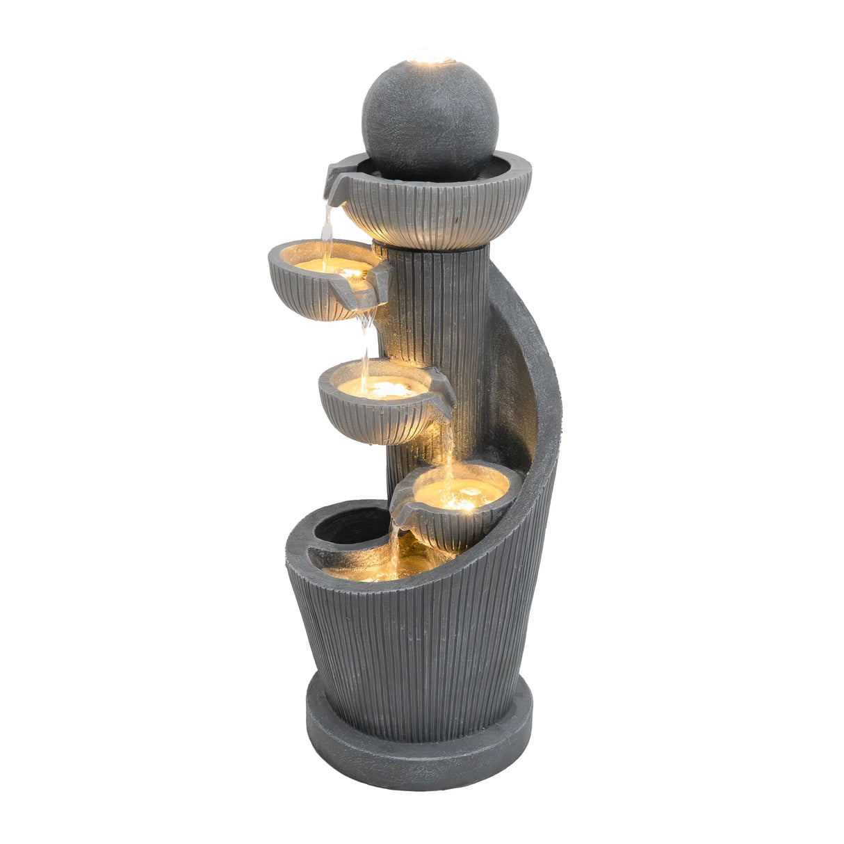 Elegant electric water feature with spiral design, gray textured finish, and illuminated cascading bowls for a soothing ambiance