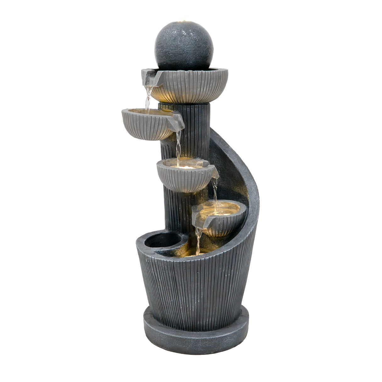Elegant electric water feature in a spiral design, featuring a textured black finish, cascading water from multiple bowls, and a round top sphere