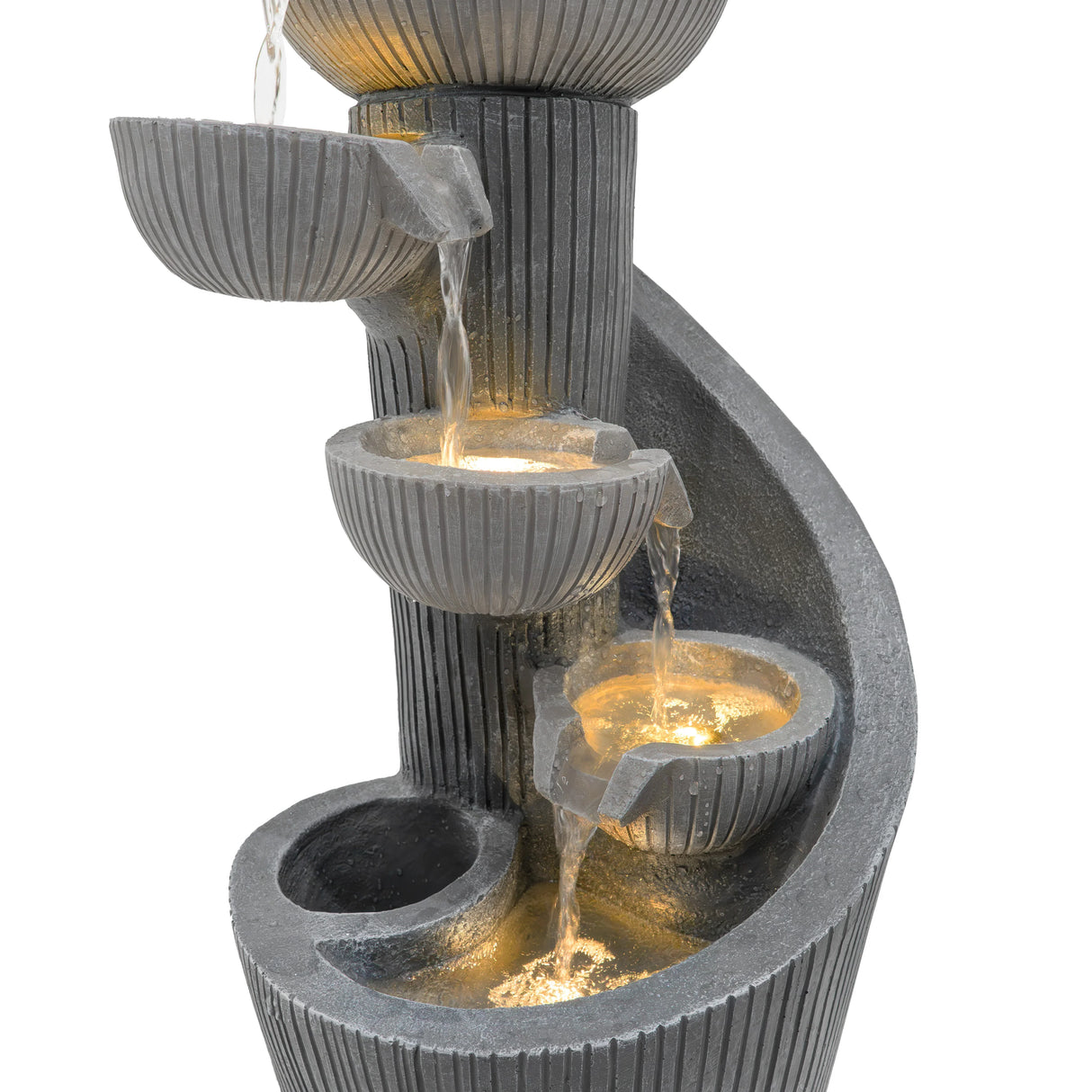 Elegant electric water feature with spiral design, featuring textured gray bowls cascading water, illuminated for a serene ambiance