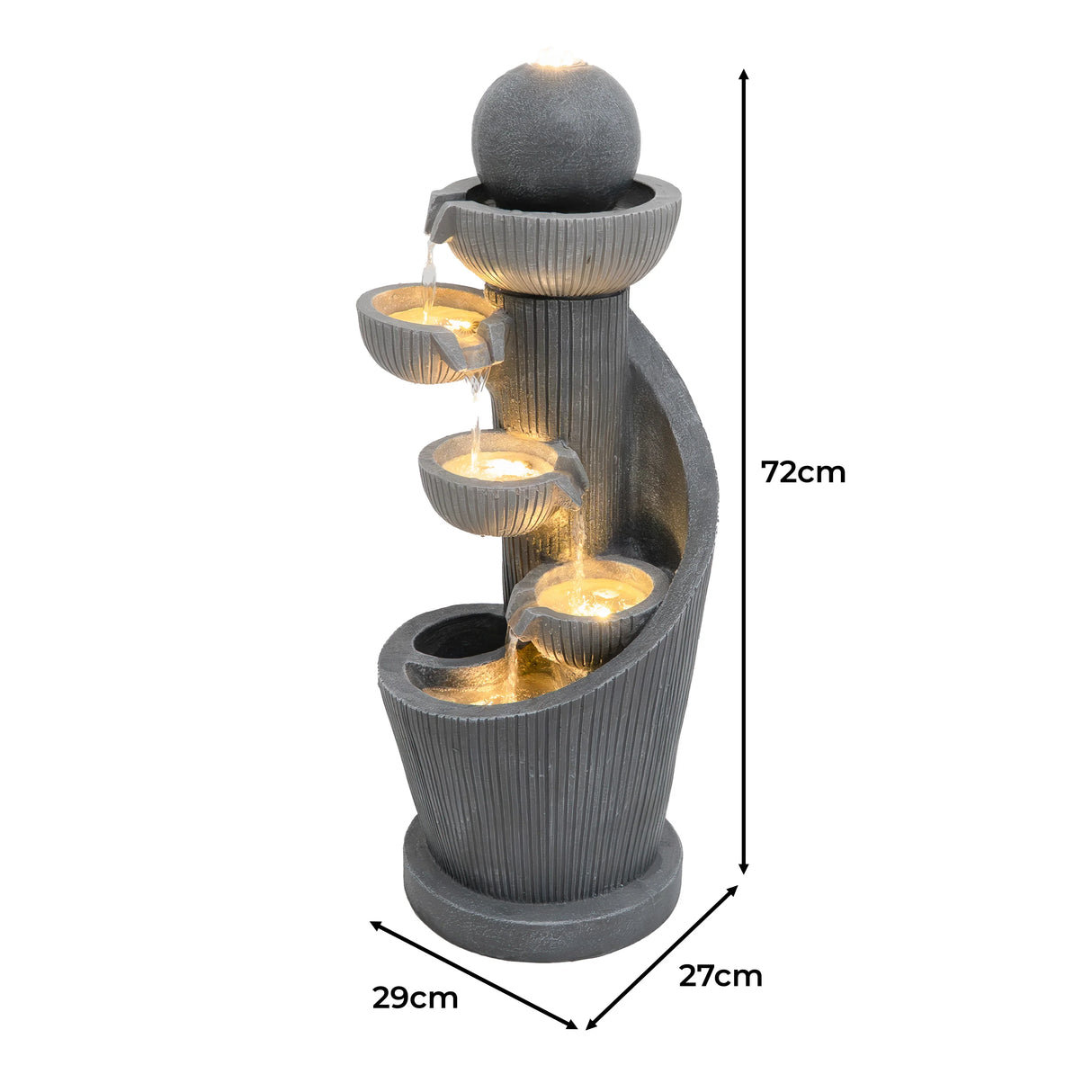 Elegant electric water feature with spiral design, textured gray finish, four cascading bowls, and soft LED lighting, 72cm tall