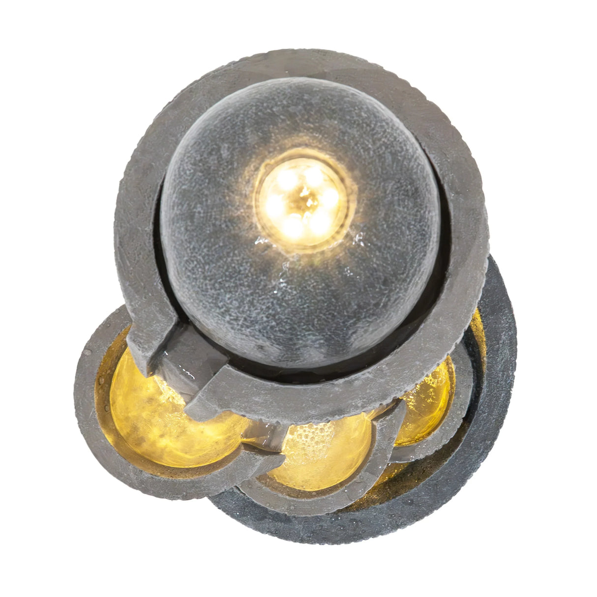 Spiral Springs electric water feature with a textured gray base, golden circular accents, and a clear glass orb on top