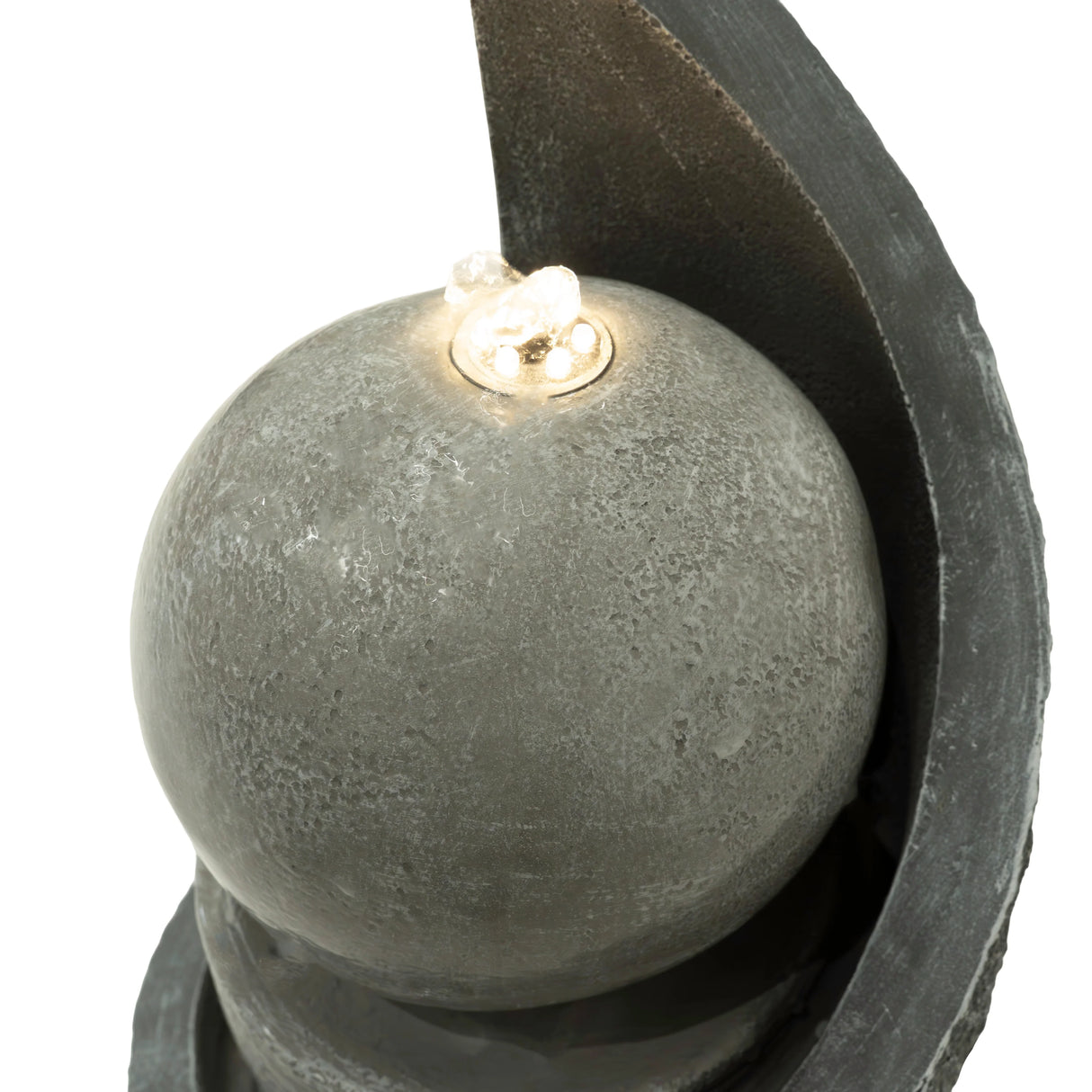 Zen Cascade electric water feature with a textured gray sphere, illuminated by soft light, surrounded by sleek black accents