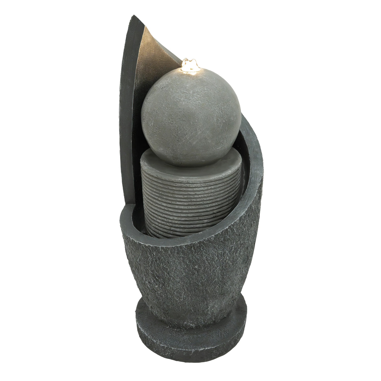 Electric water feature Zen Cascade with a sleek gray design, featuring a round top sphere and layered textured basin for a calming ambiance