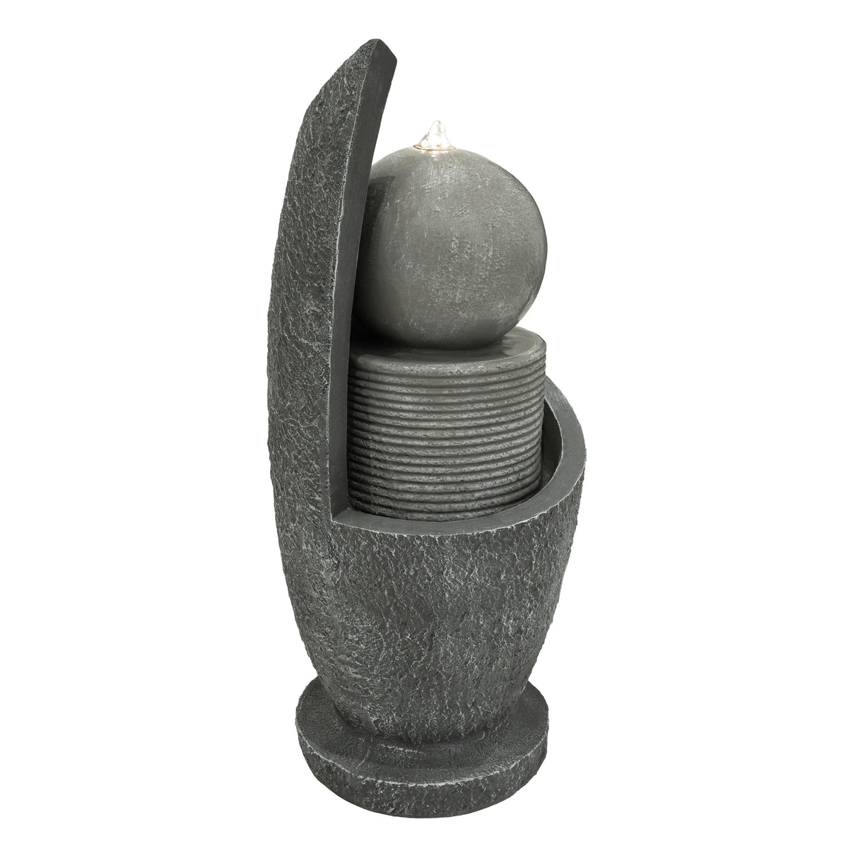Zen Cascade electric water feature with a textured dark gray finish, featuring a smooth sphere atop stacked discs for a calming aesthetic
