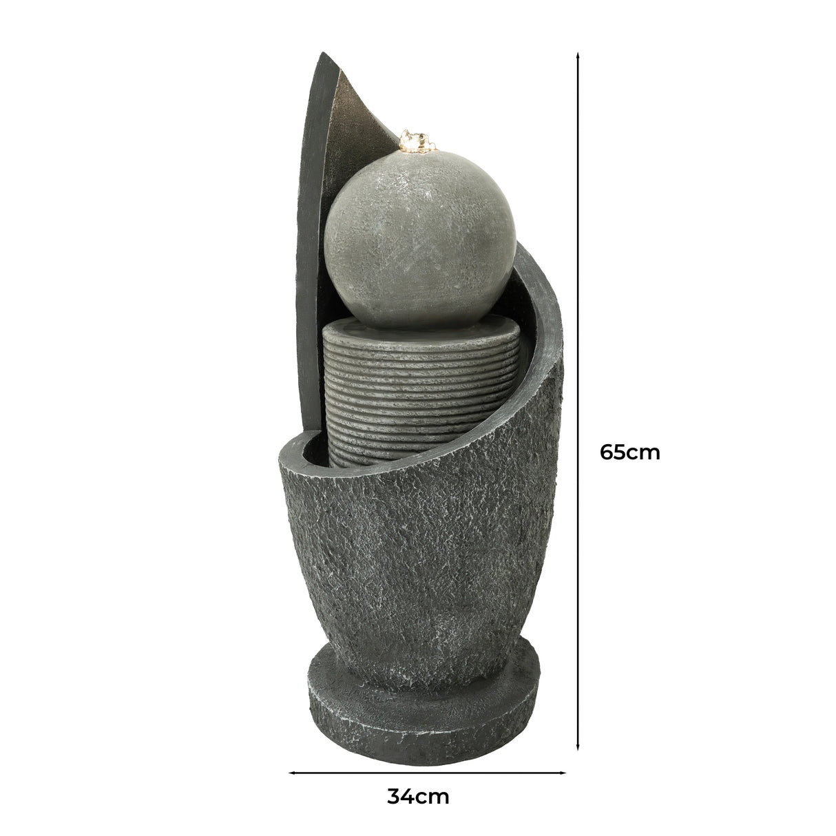 Zen Cascade electric water feature in a sleek black design, featuring a round top sphere and textured cylindrical layers, 65cm tall