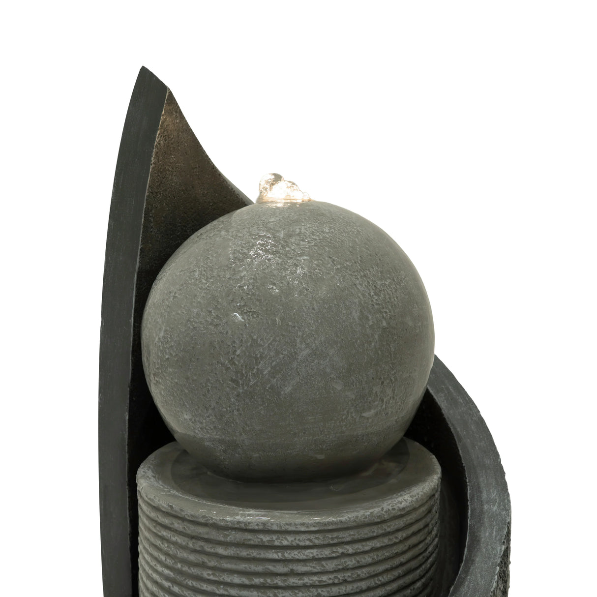 Zen Cascade electric water feature with a textured gray stone finish, featuring a round sphere and flowing water design for tranquility