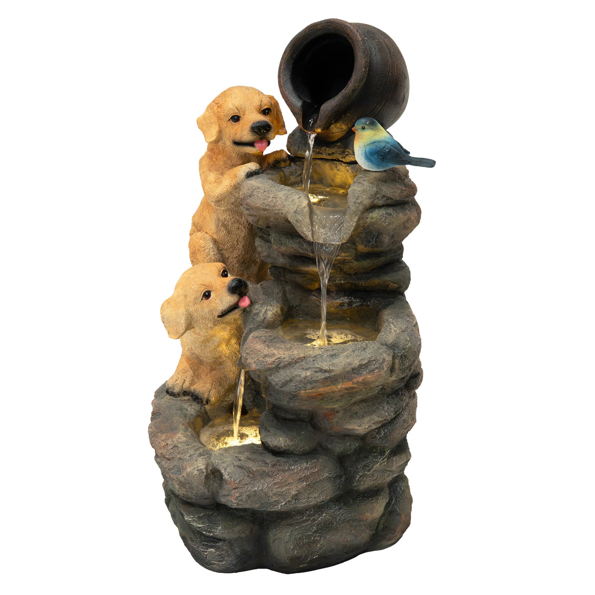 Electric water feature with two playful golden retriever puppies, a bluebird, and cascading water over textured stone-like tiers