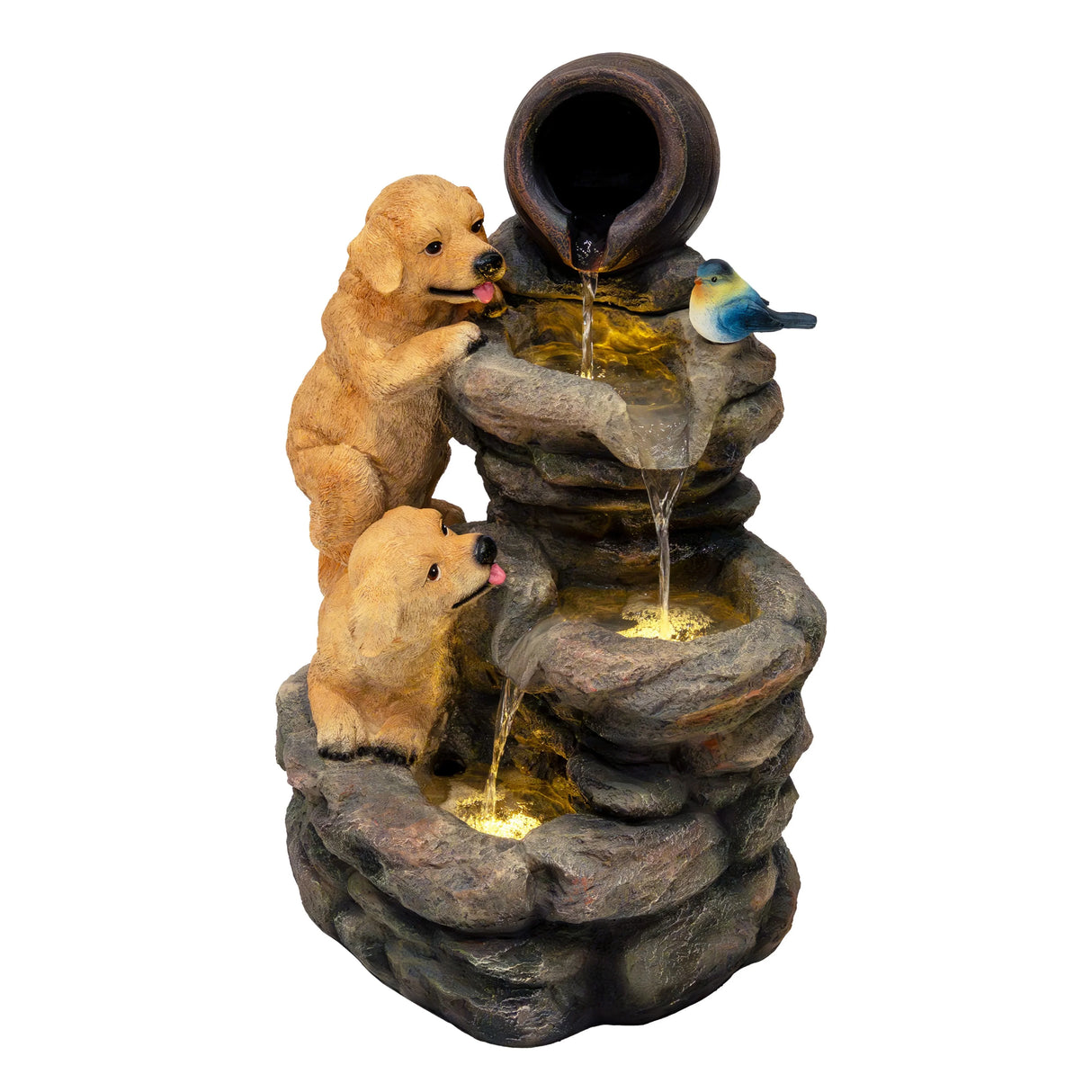 Electric water feature with two playful golden retrievers, cascading water, and a bird perched on a rustic stone fountain