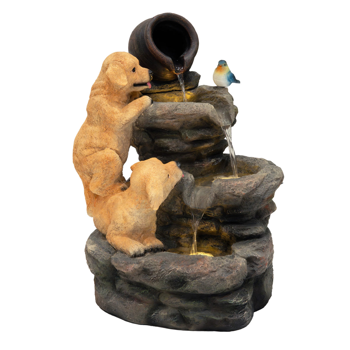 Electric water feature featuring two golden retriever puppies playfully interacting with a cascading waterfall and a bird perched on a pot