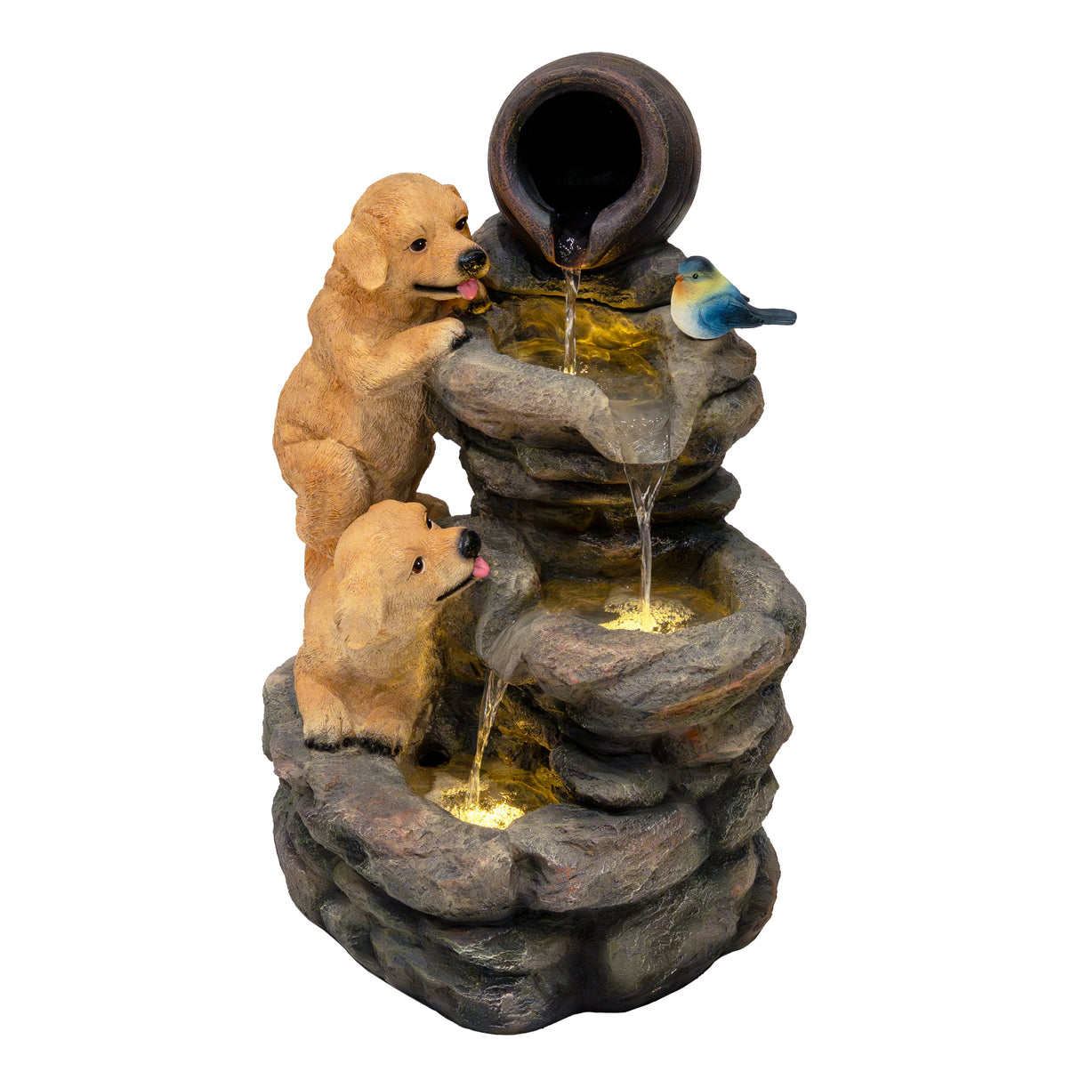 Canine Creek electric water feature with two playful golden retrievers and a bluebird, cascading water over textured stone tiers